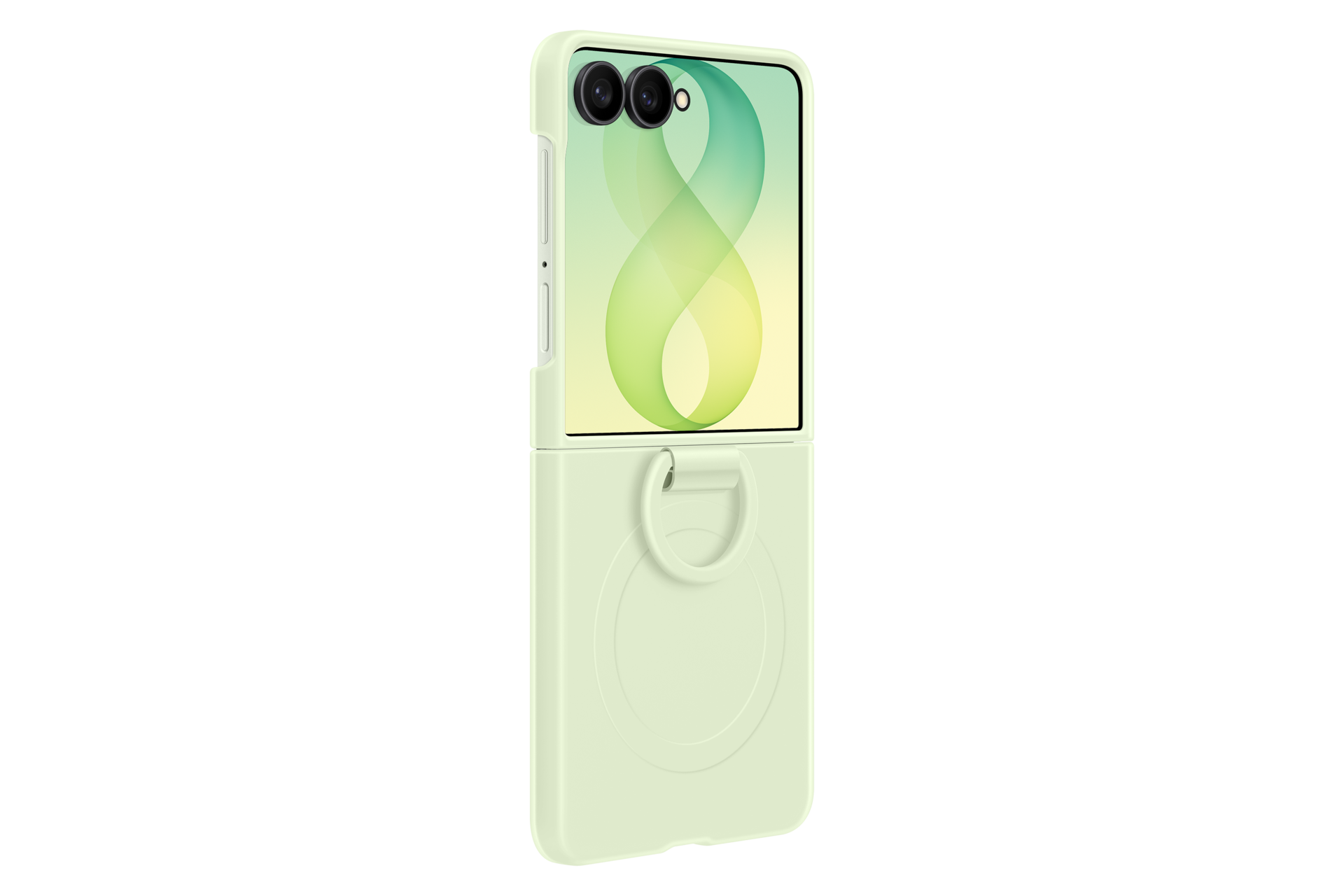 Un telefono pieghevole verde chiaro con un supporto ad anello integrato sul retro e due fotocamere posteriori.