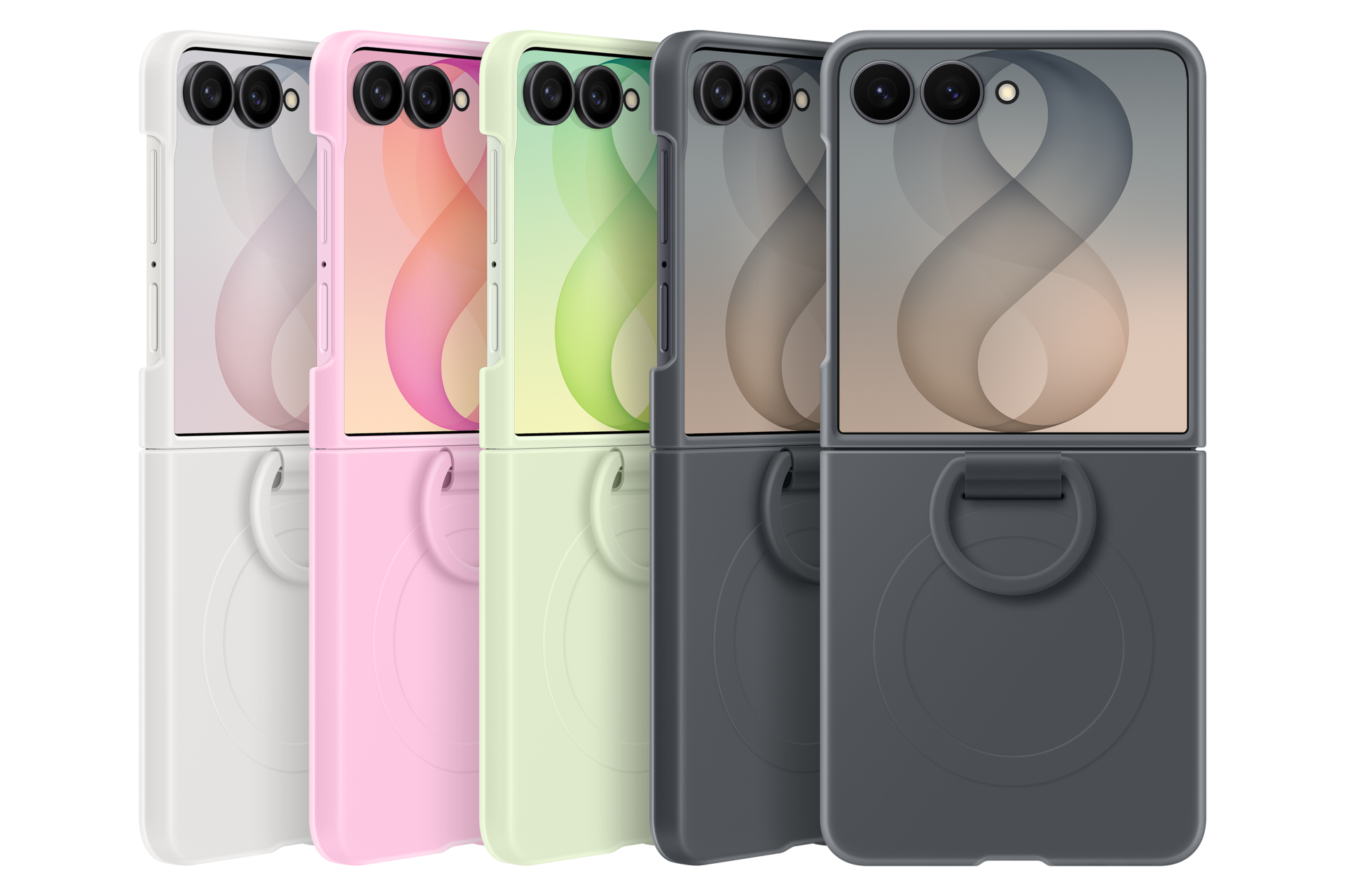 Cinque smartphone pieghevoli in bianco, rosa, verde, grigio scuro e nero su sfondo nero.