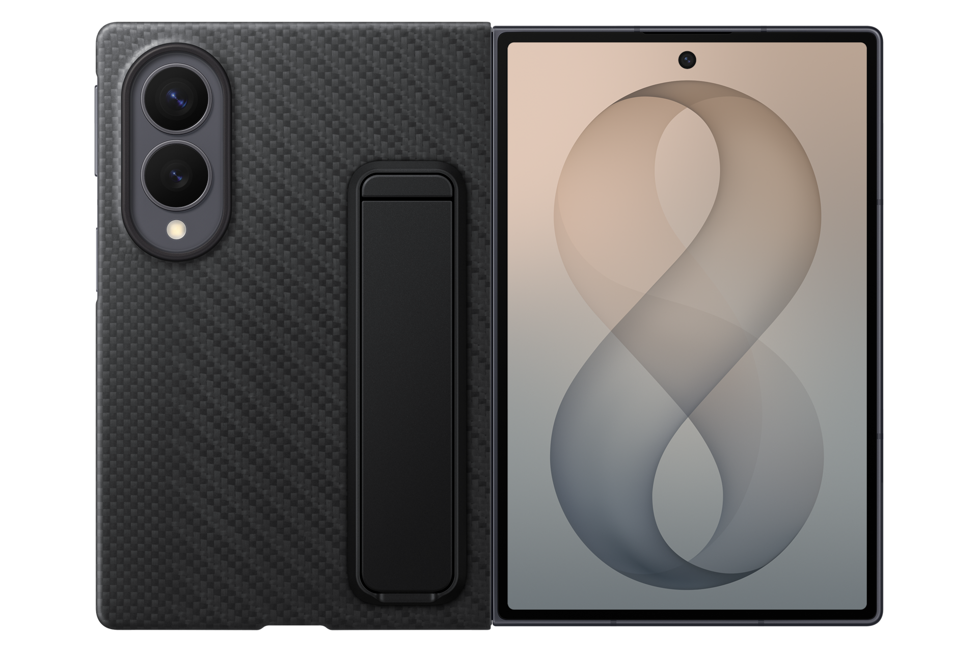 Ein faltbares Smartphone mit Kohlefaser-Rückseite, Dual-Kamera und Ständer sowie dem Innenbildschirm mit abstrakten Muster.