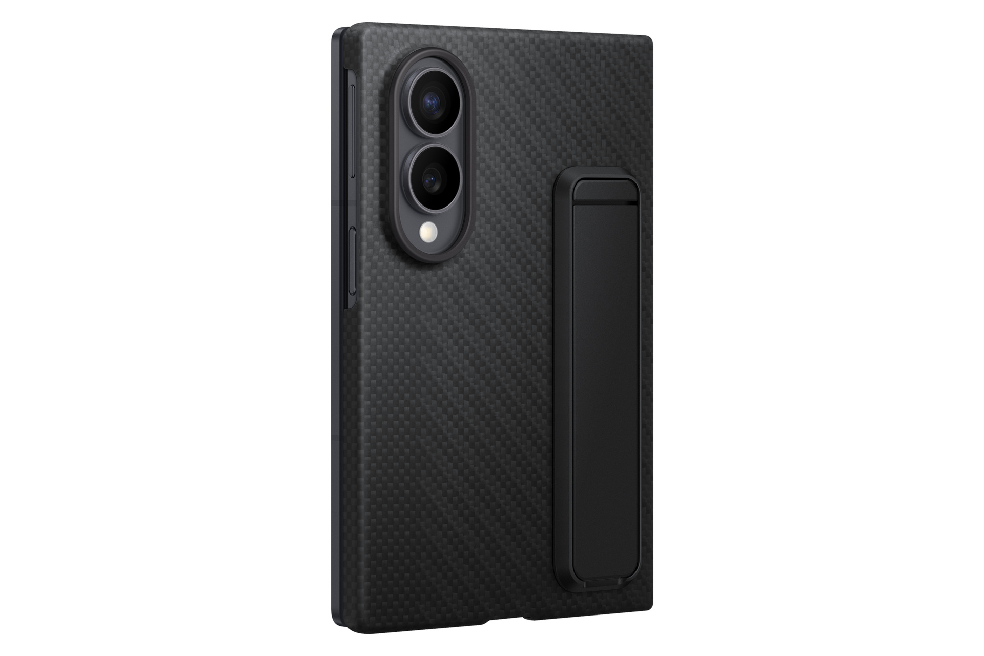Schwarze Carbonfaser-Smartphonewelle mit vertikalem Kamera-Modul und Griff auf dunklem Hintergrund.