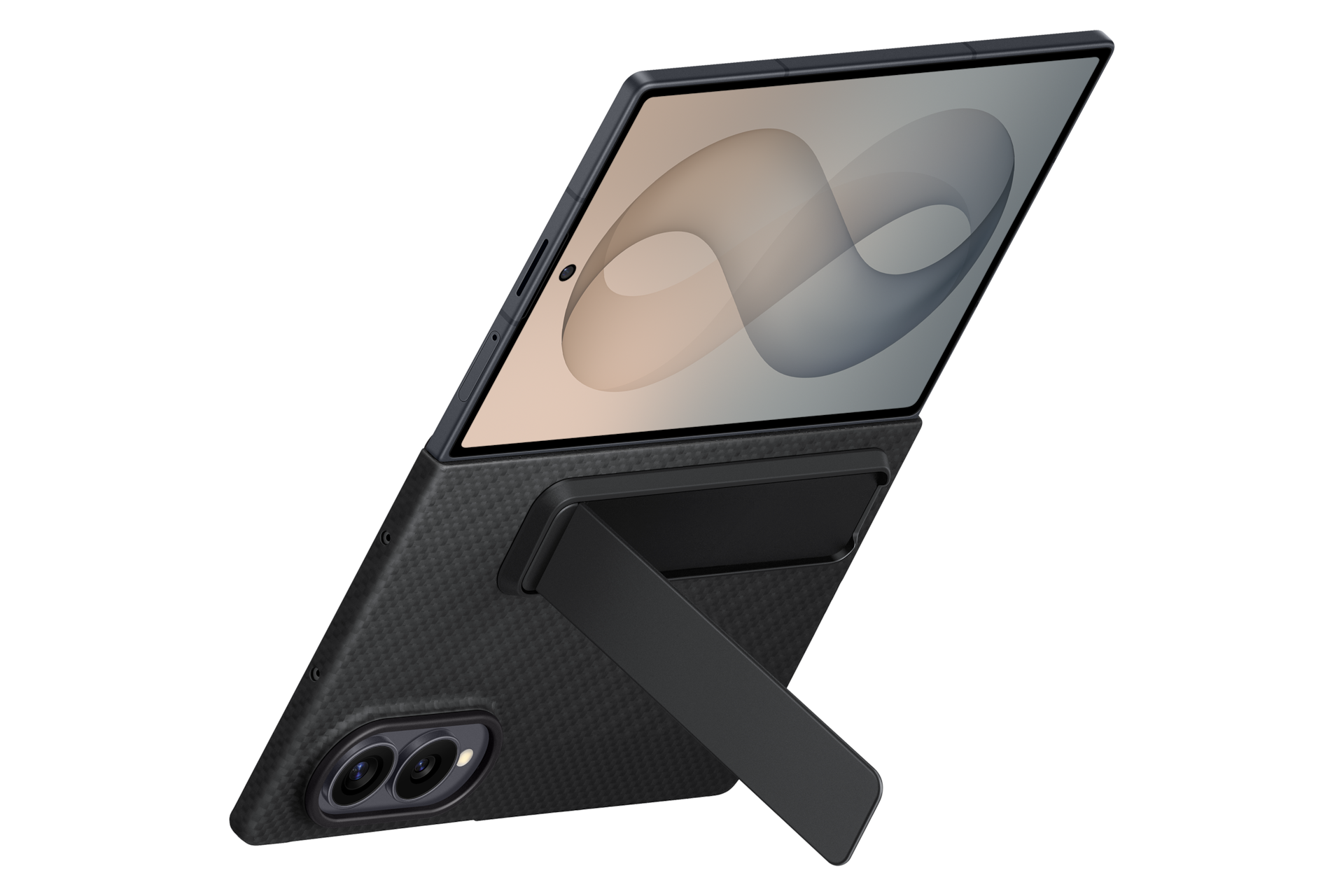 Ein Smartphone mit integriertem Ständer und Schutzhülle steht vor schwarzem Hintergrund.
