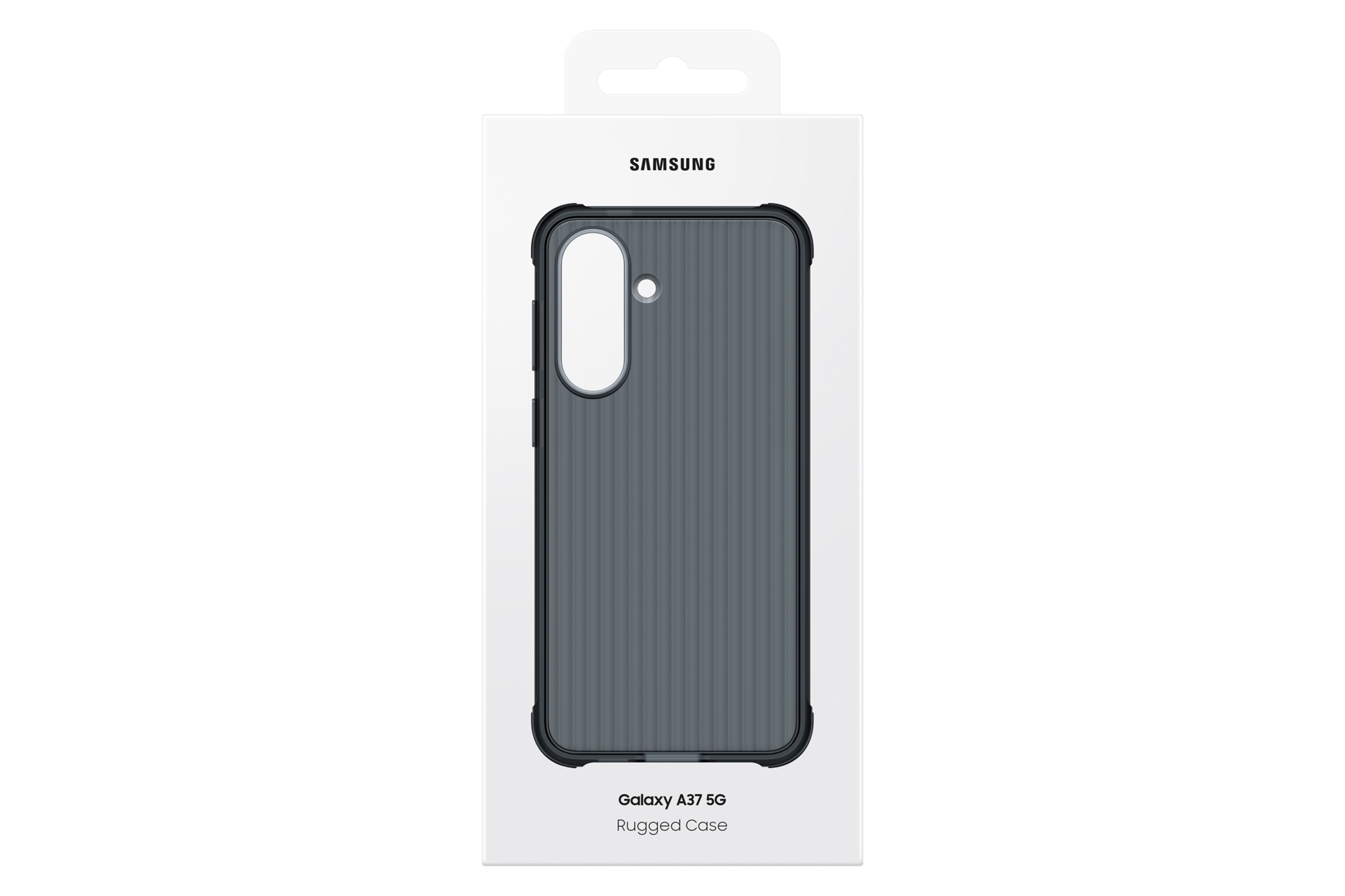 Fekete Galaxy A37 5G strapabíró tok fehér Samsung csomagolásban.