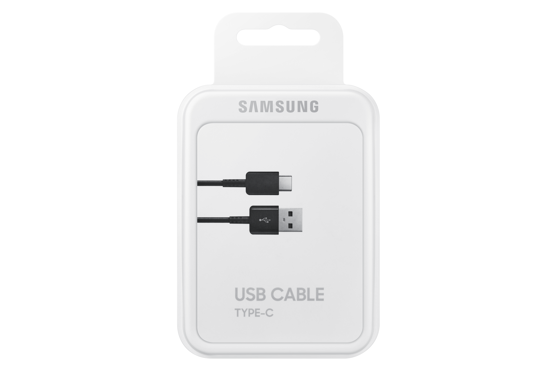 Weiße Samsung USB Typ-C Kabelverpackung vor schwarzem Hintergrund.
