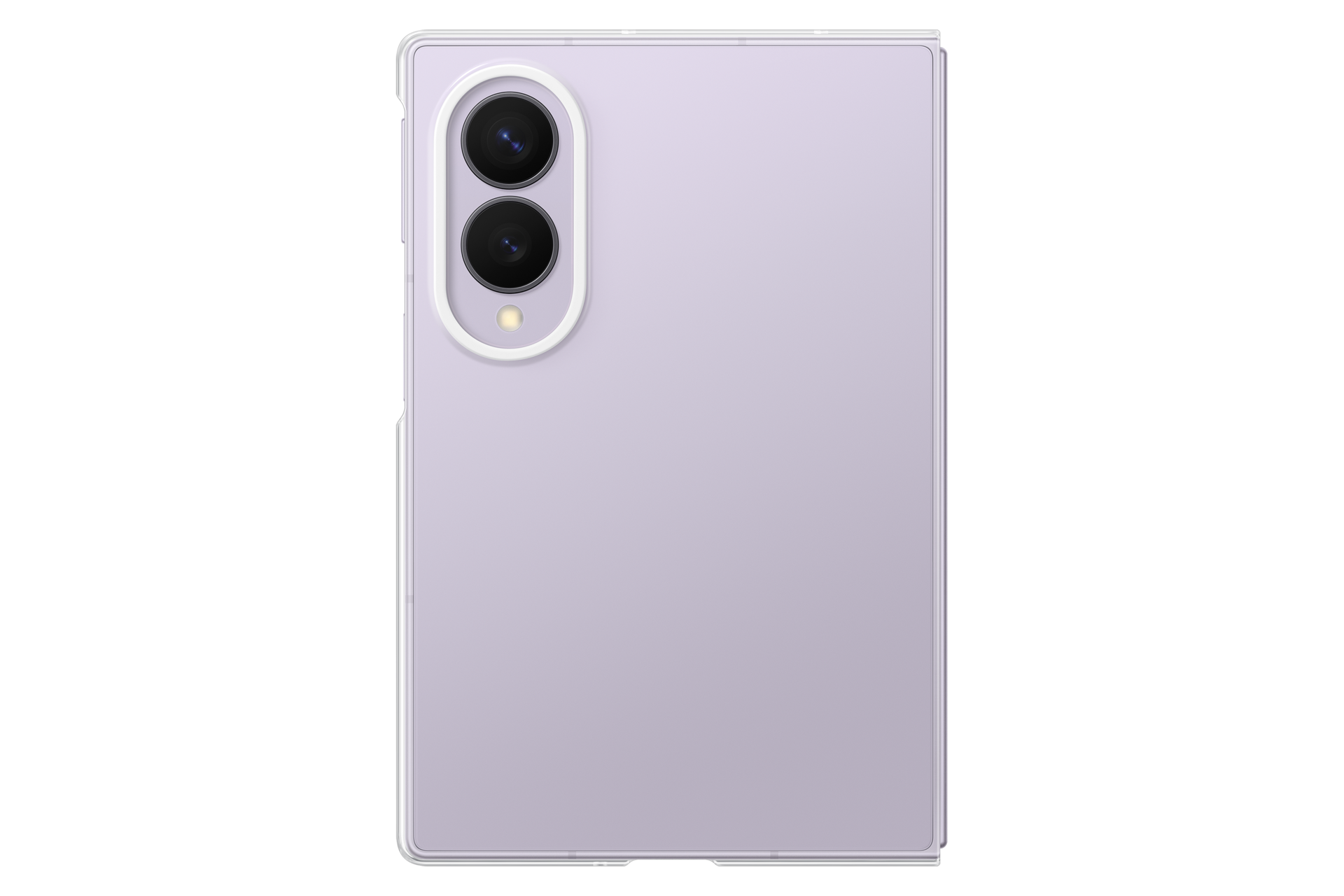 Un smartphone de color morado claro en funda protectora con cámara dual vertical.