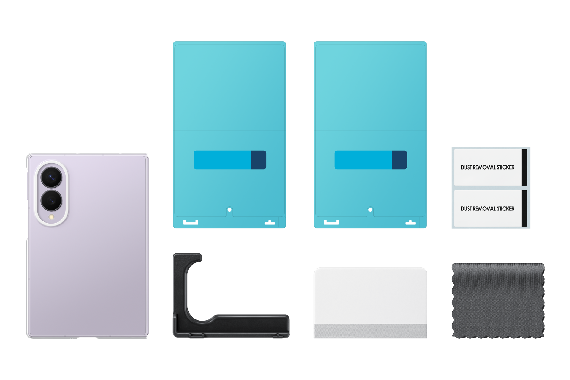 Diseño plano sobre fondo negro que muestra un teléfono, dos protectores de pantalla azules y pegatinas antipolvo.