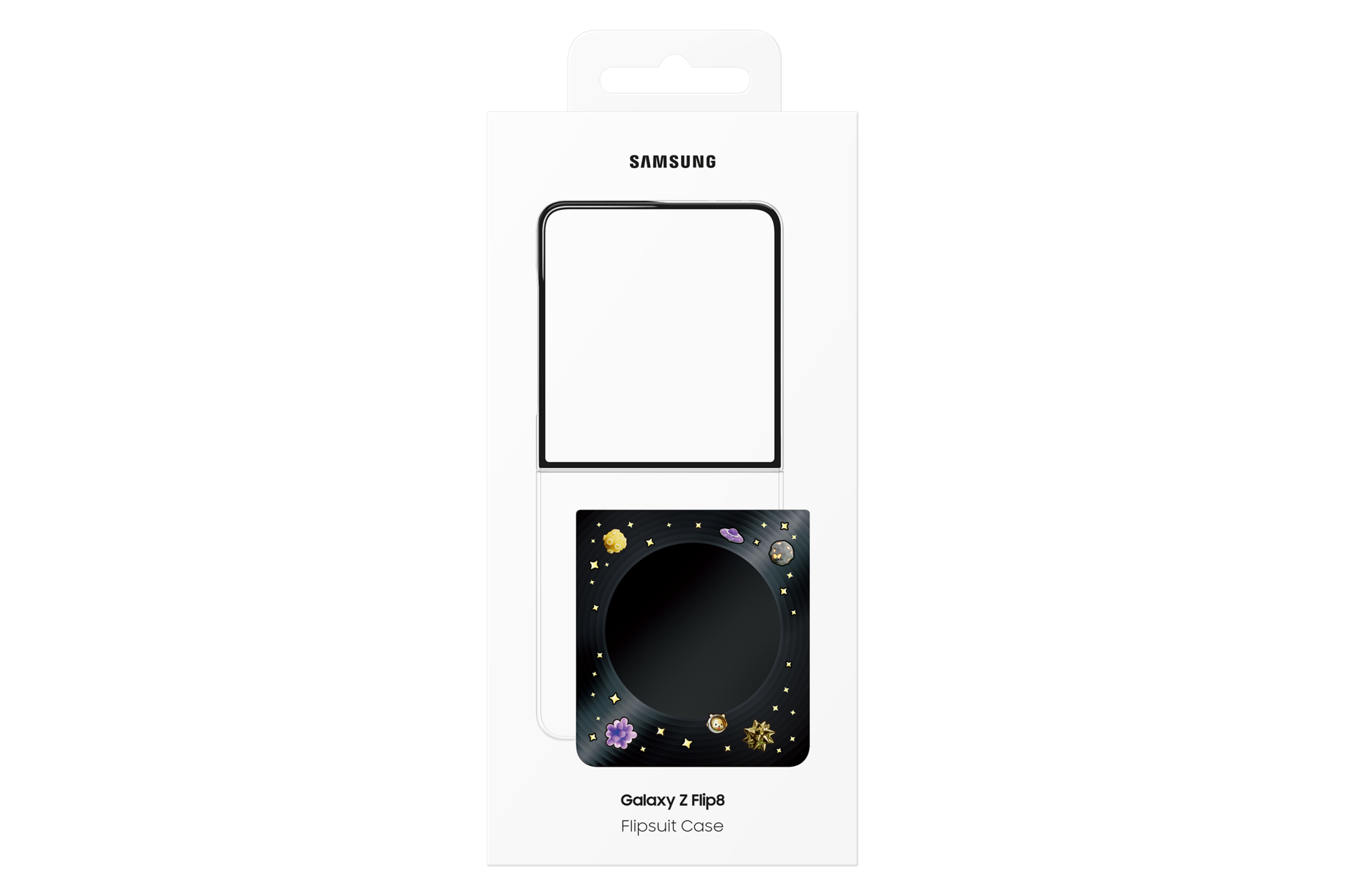 Custodia Samsung Galaxy Z Flip8 Flipsuit in confezione bianca con design galattico.