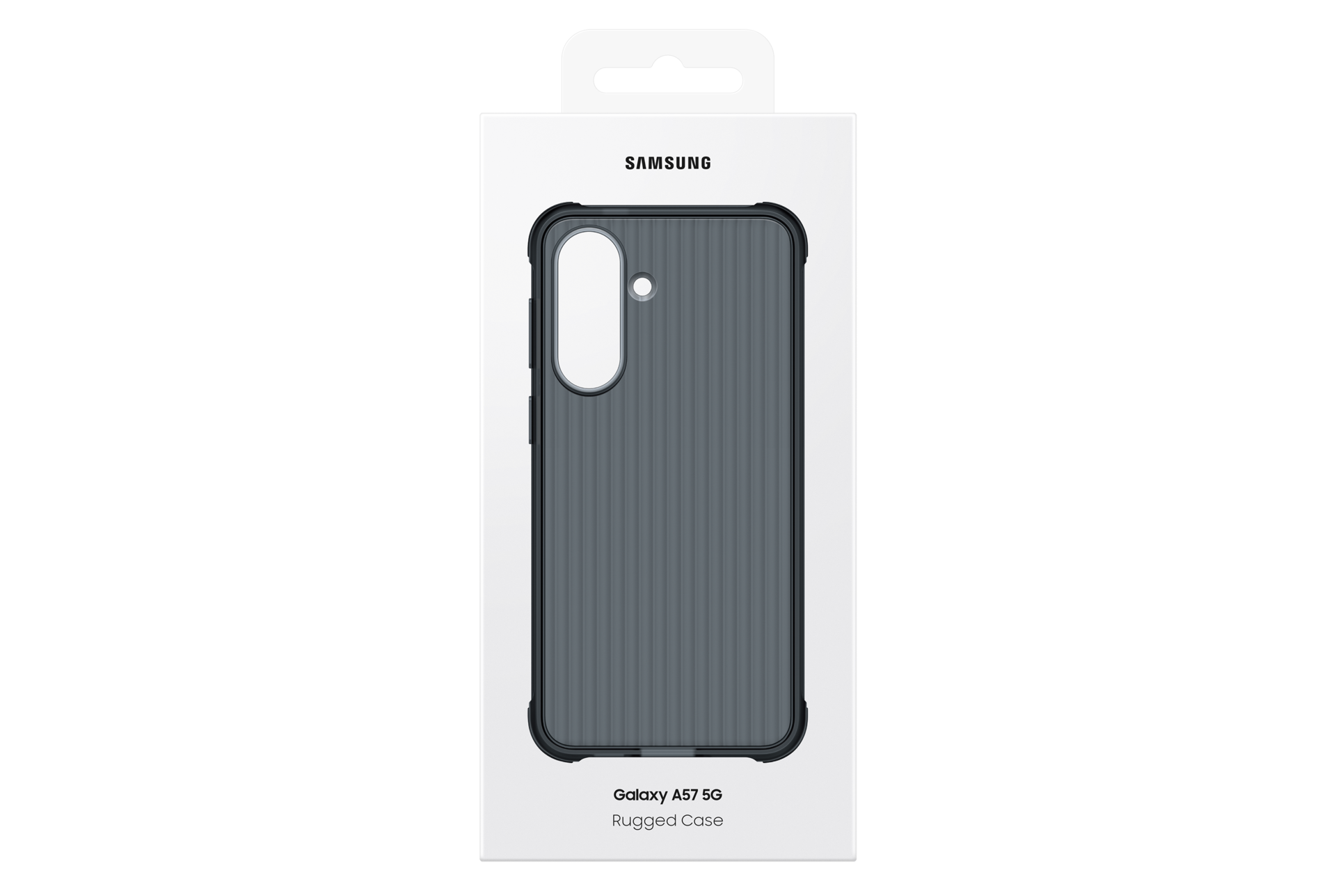 Egy fekete Samsung Galaxy A57 5G Rugged Case védőtok fehér kiskereskedelmi csomagolásban.