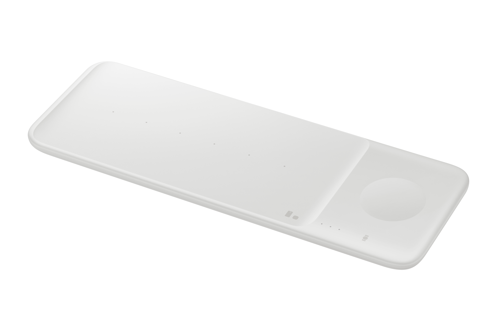Una piastra di ricarica wireless bianca e rettangolare su sfondo nero.