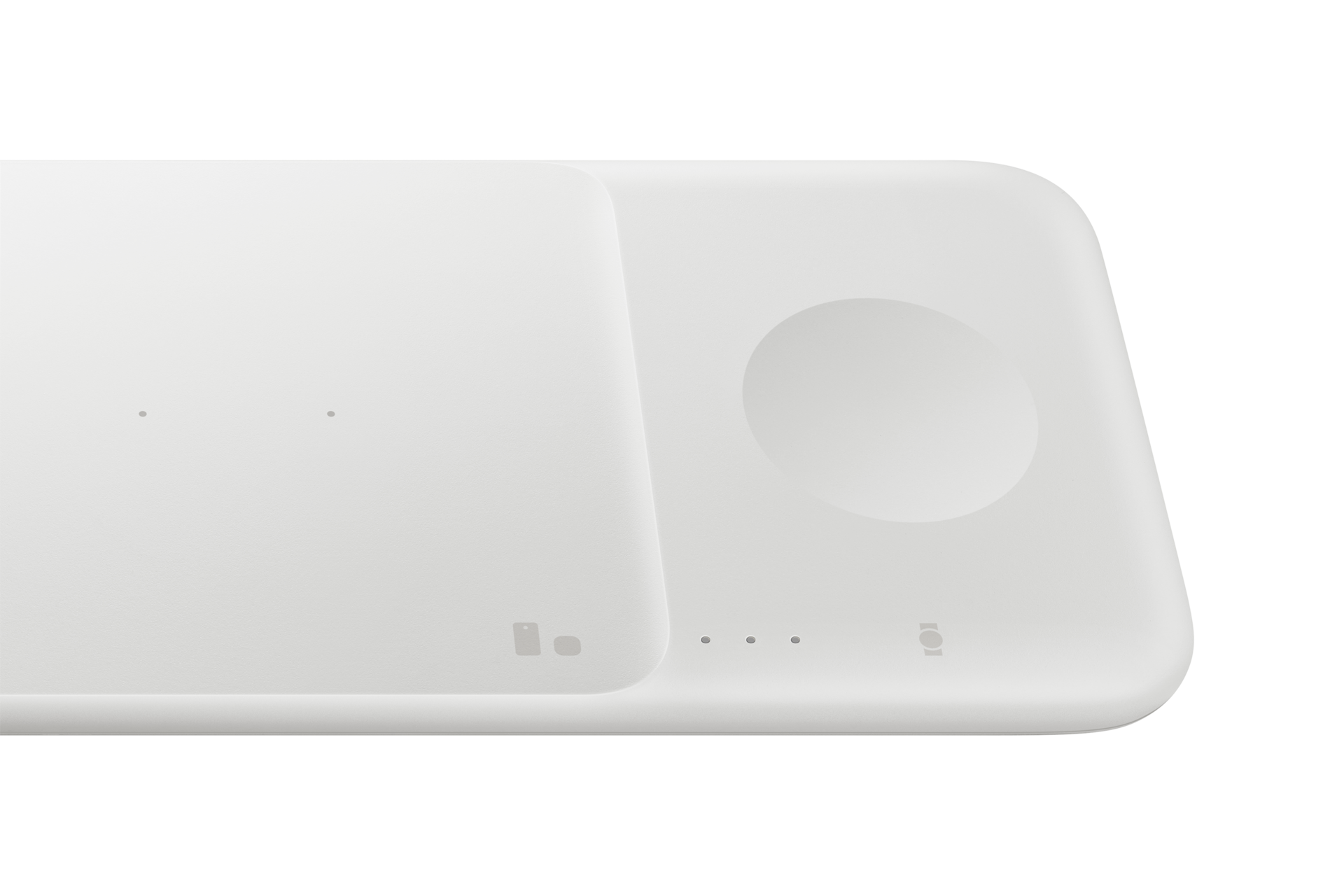 Un doppio pad di ricarica wireless bianco con spie e icone su sfondo nero.