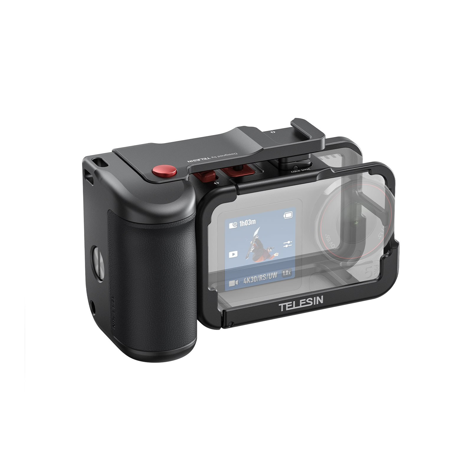 Zwarte Telesin actiecamera-behuizing met batterijgrip, rode knoppen en open doorzichtige voorkant.
