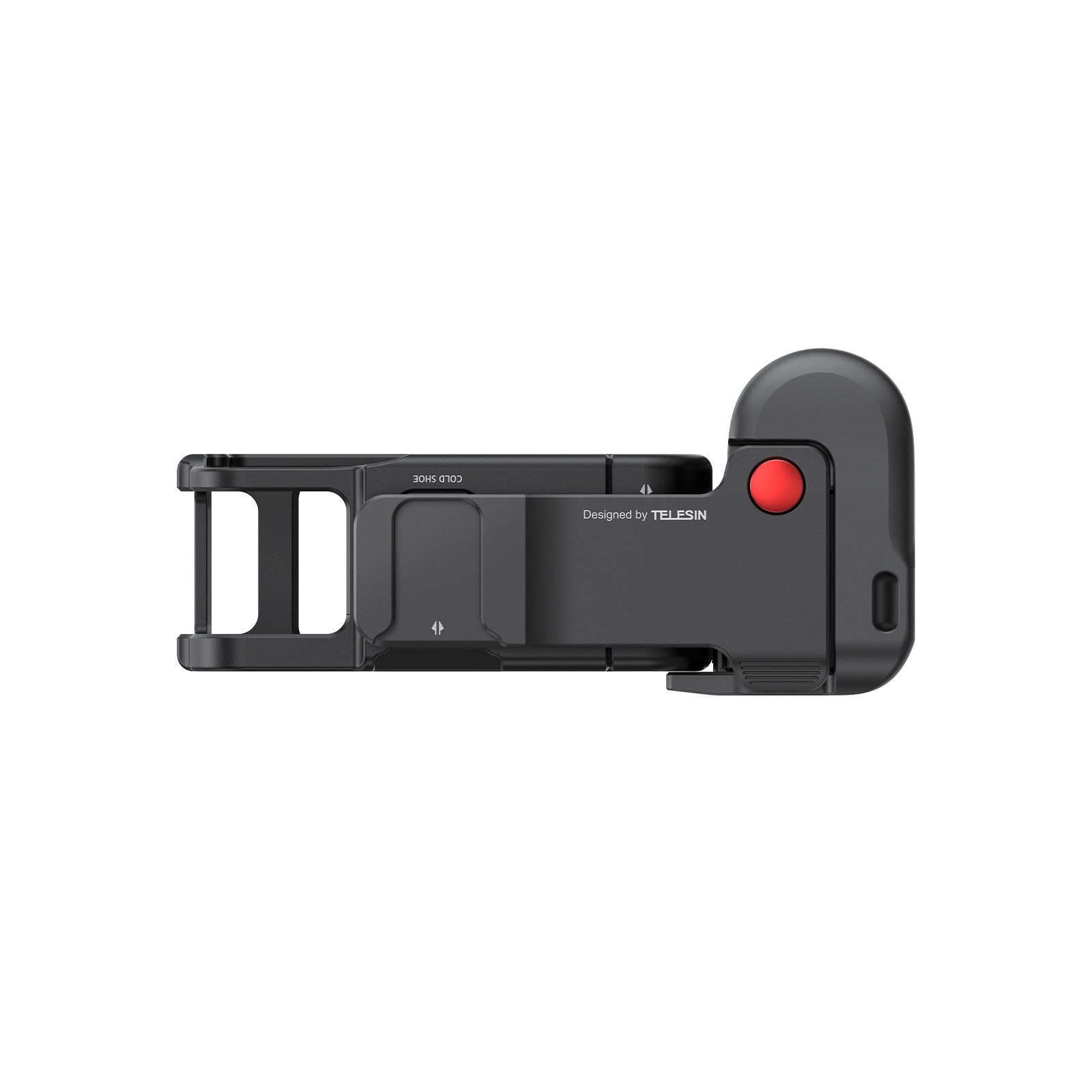 Zwarte Telesin camerabeugel met rode knop en flitsschoen op een witte achtergrond.