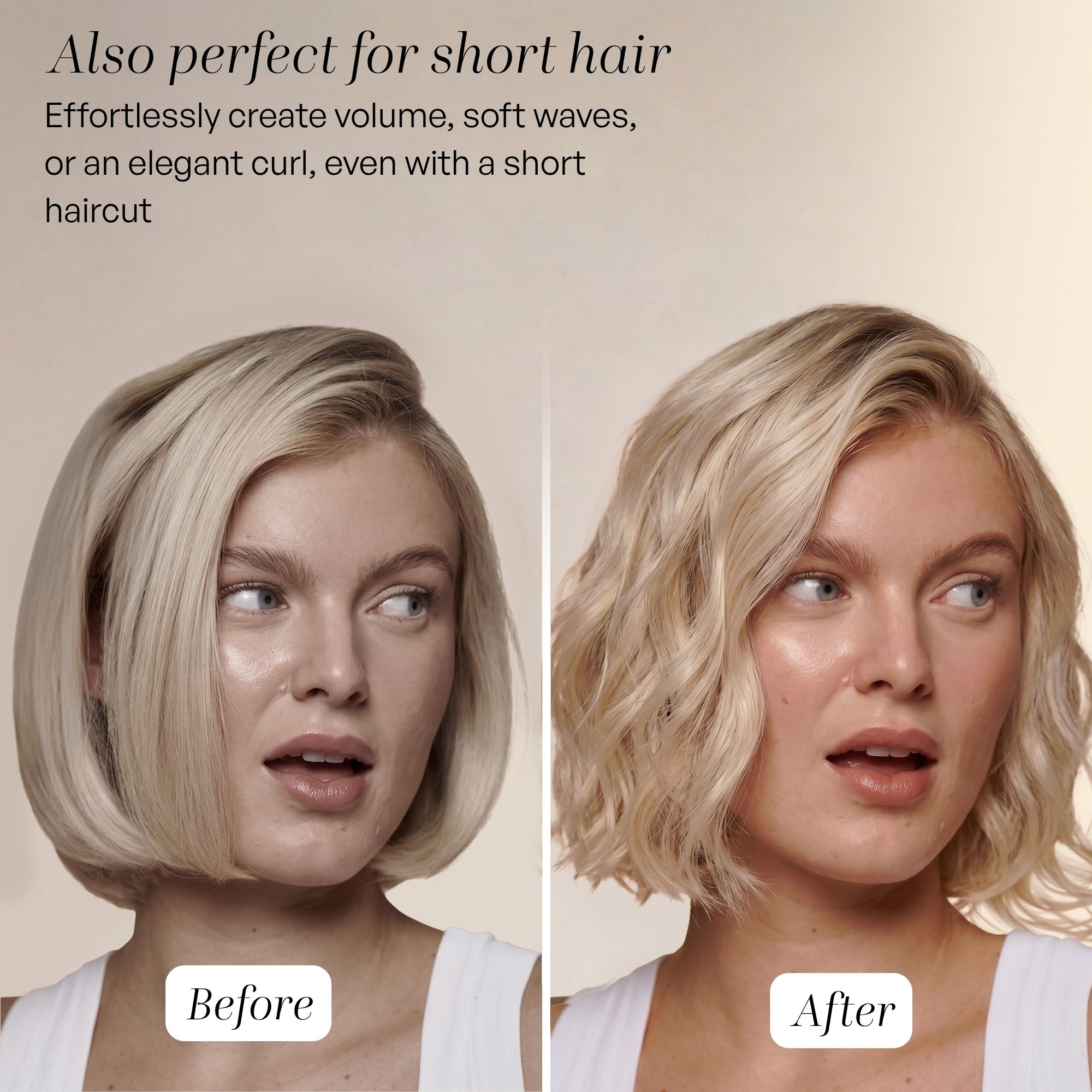 Comparaison avant-après montrant une femme avec des cheveux courts lisses puis ondulés et volumineux.