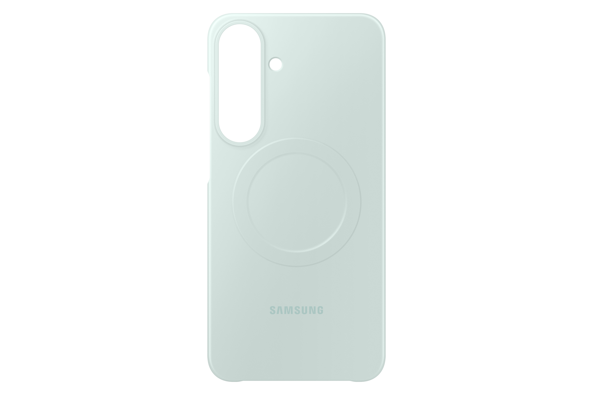 Custodia per telefono Samsung verde chiaro con ritaglio per fotocamera e cerchio su sfondo nero.
