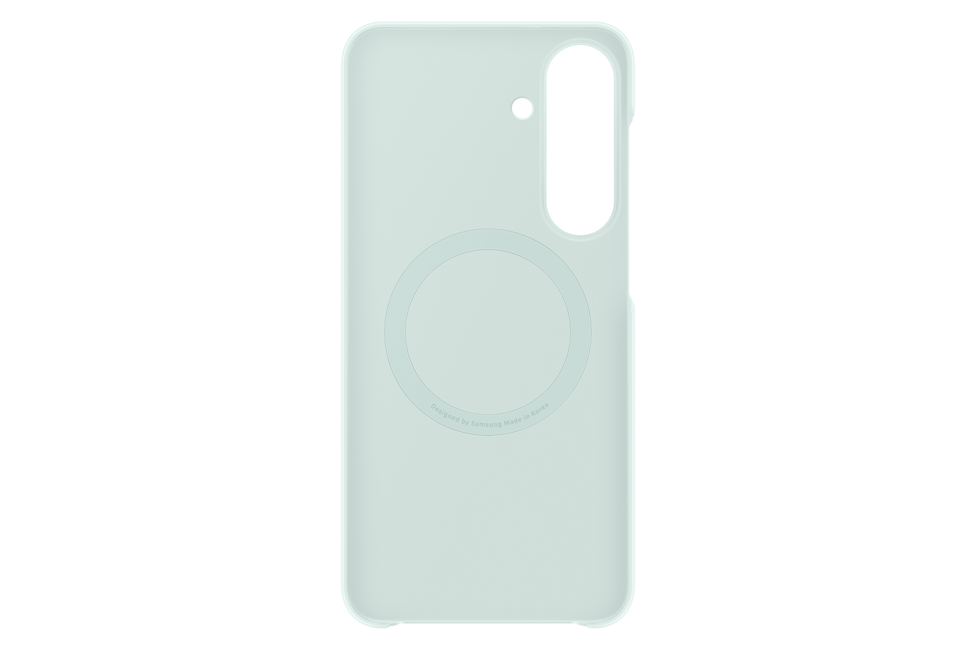 Custodia per telefono azzurro chiaro con ritaglio per fotocamera e segno circolare su sfondo nero.
