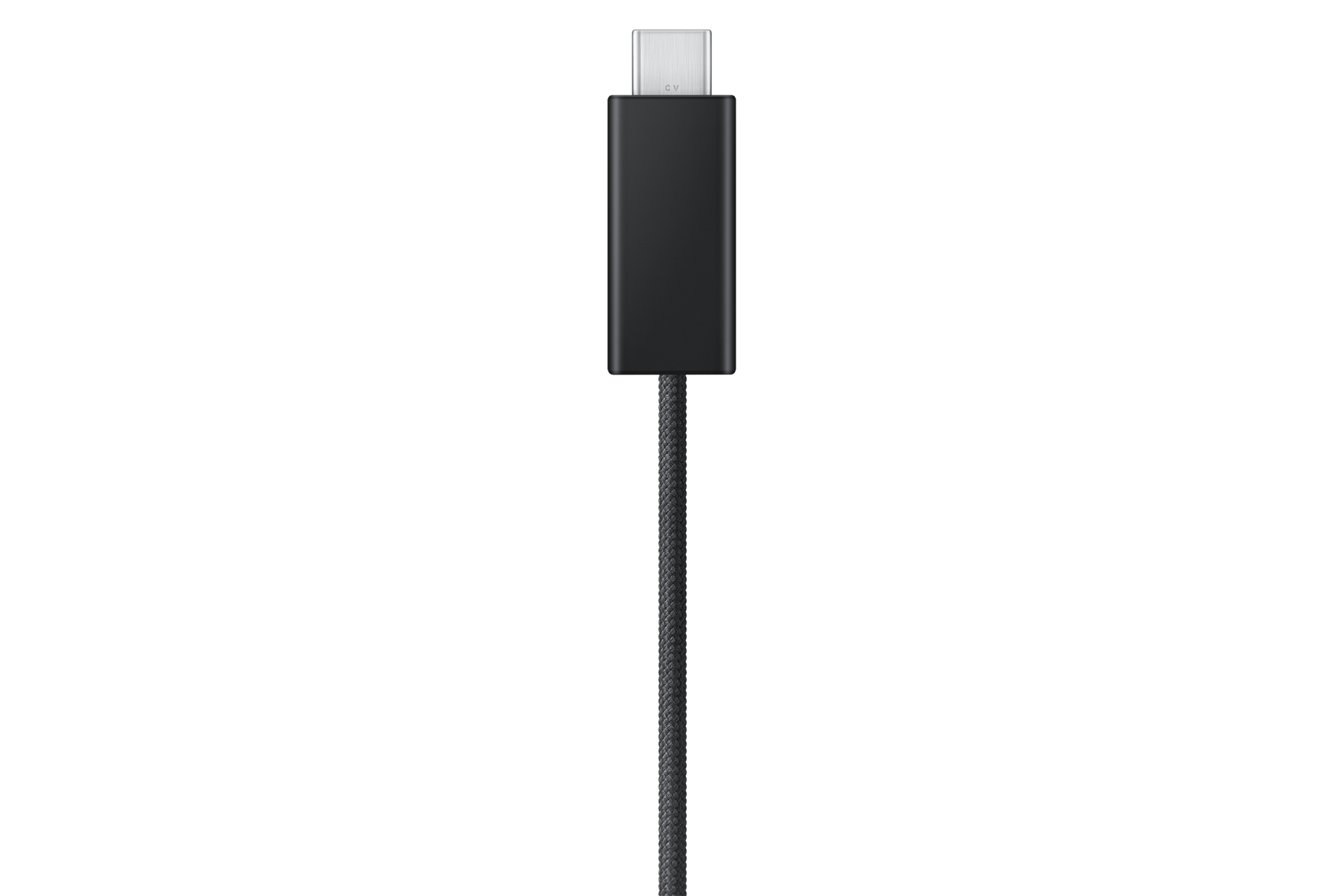 Un cavo USB-C nero con connettore metallico su sfondo scuro.