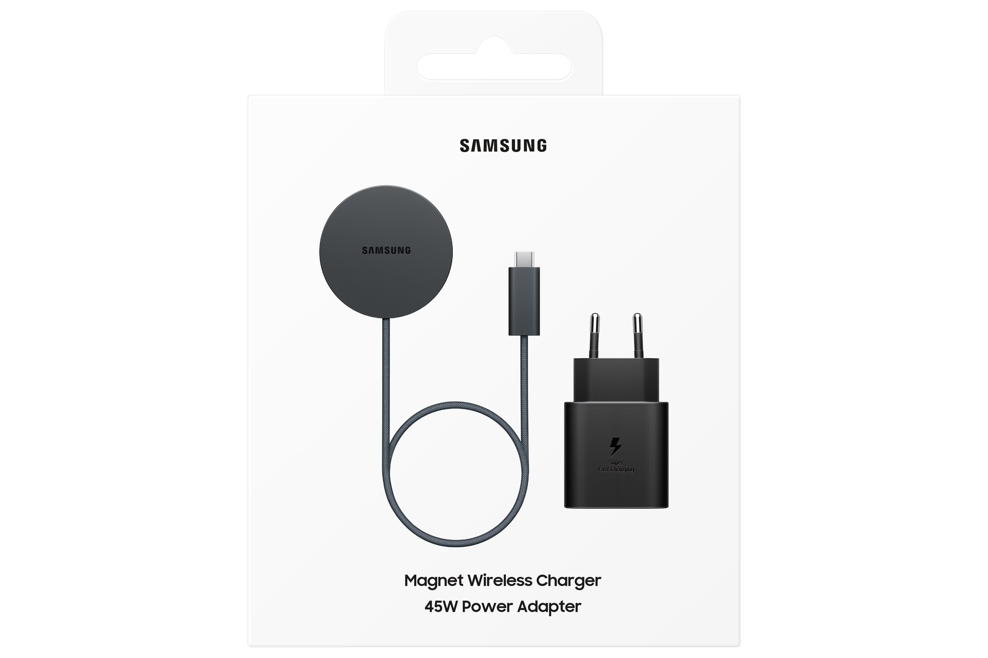 Confezione di un prodotto Samsung contenente un caricatore wireless magnetico nero e un adattatore di alimentazione da 45W.
