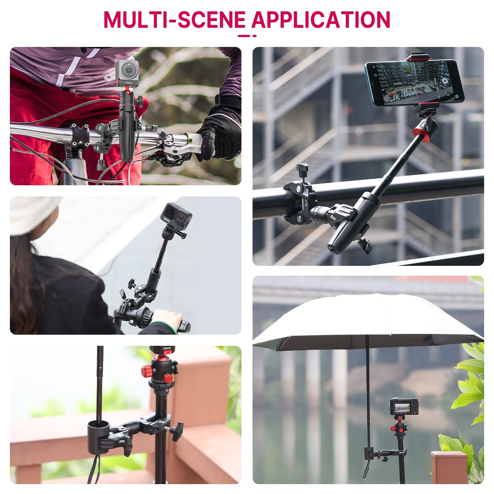 Applicazione multi-scena di un versatile morsetto per fotocamera con action cam, smartphone e ombrello.