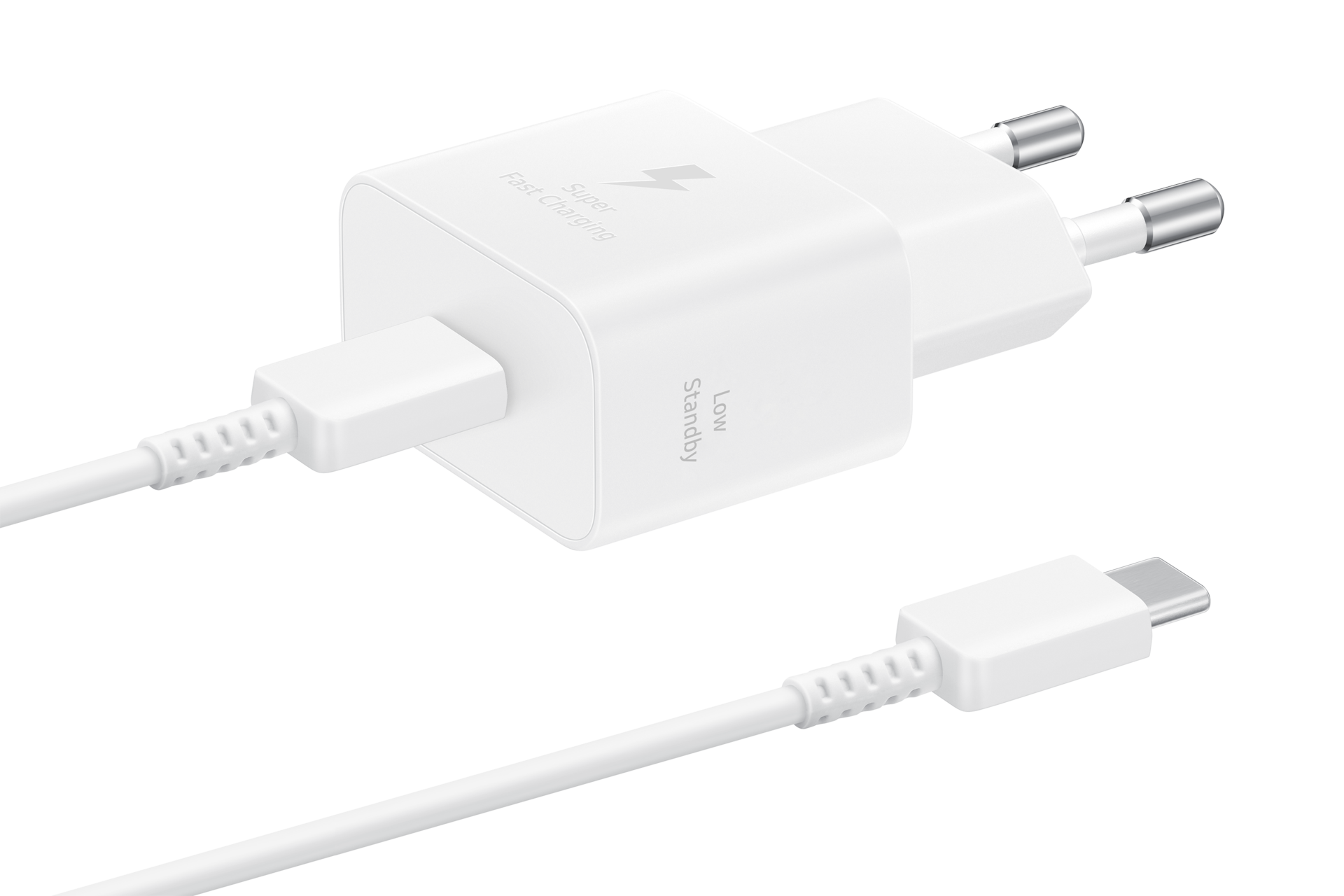 Cargador de pared rápido USB-C blanco con cable sobre fondo negro.