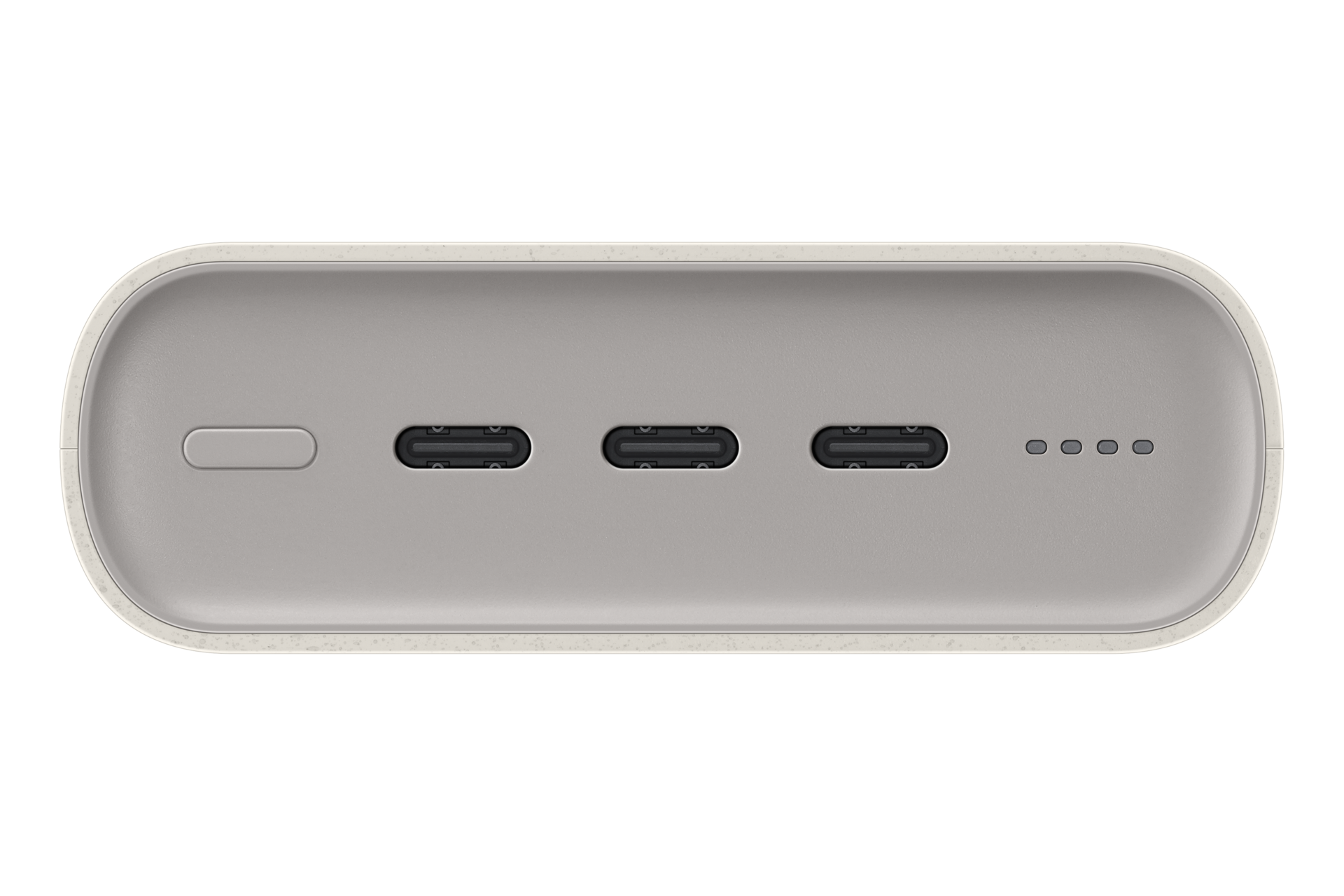 Szare urządzenie elektroniczne z przyciskiem zasilania, trzema portami USB-C i czterema kontrolkami LED.