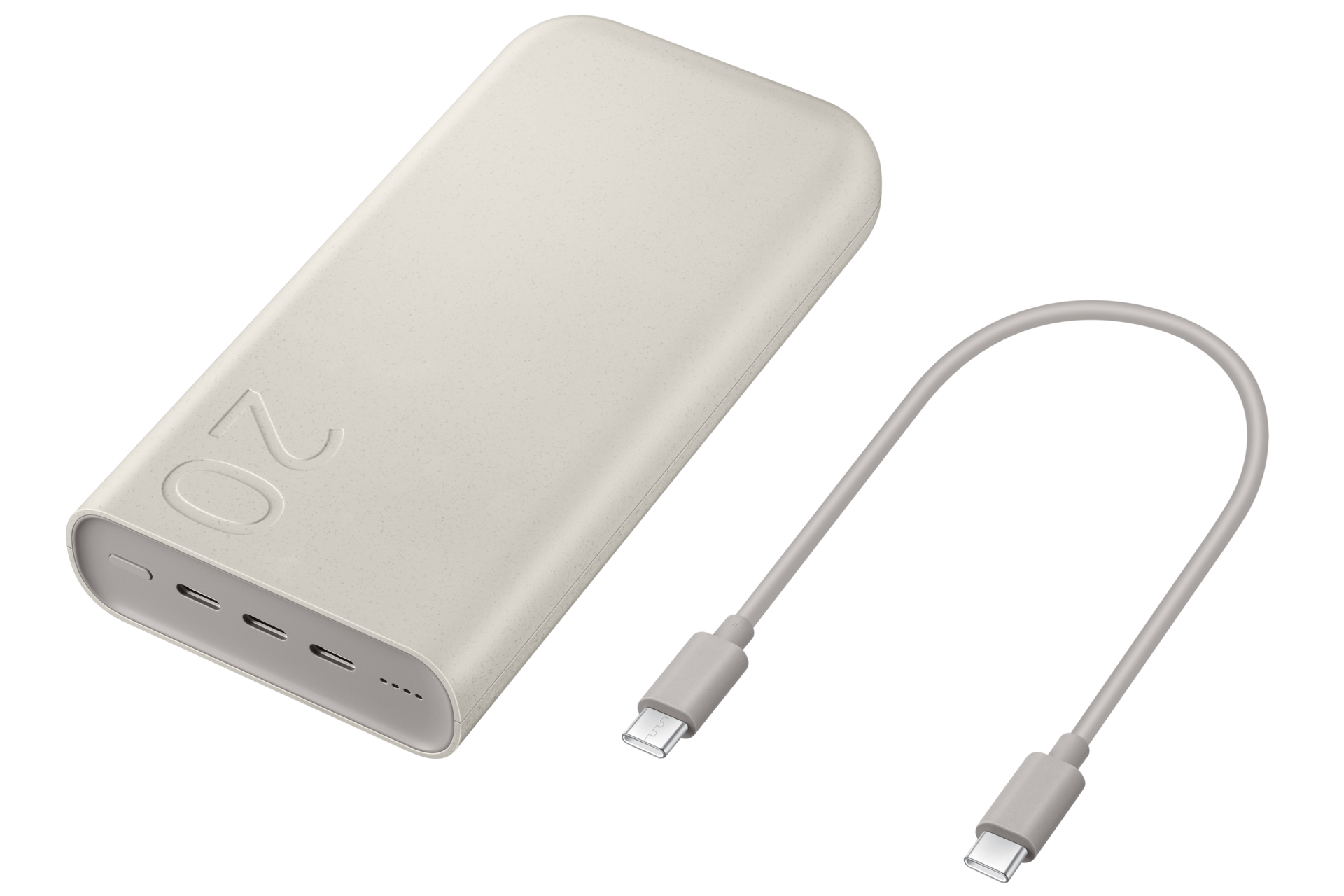 Beżowy powerbank z liczbą 20 i pasującym kablem USB-C na czarnym tle.