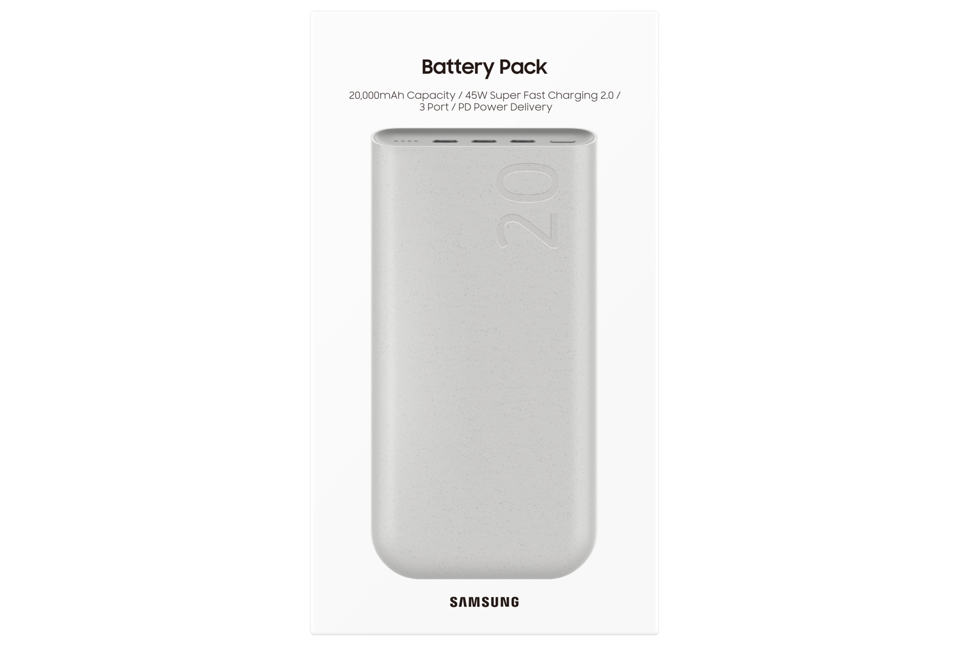Biały powerbank Samsung, 20 000 mAh, 45 W, z trzema portami na białym tle.