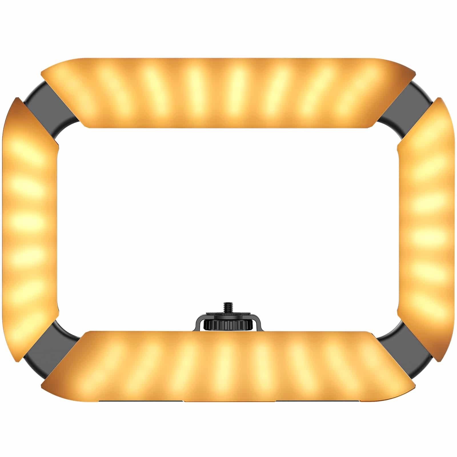 Un panel LED rectangular iluminado con luz cálida y un soporte negro en la parte inferior sobre un fondo blanco.