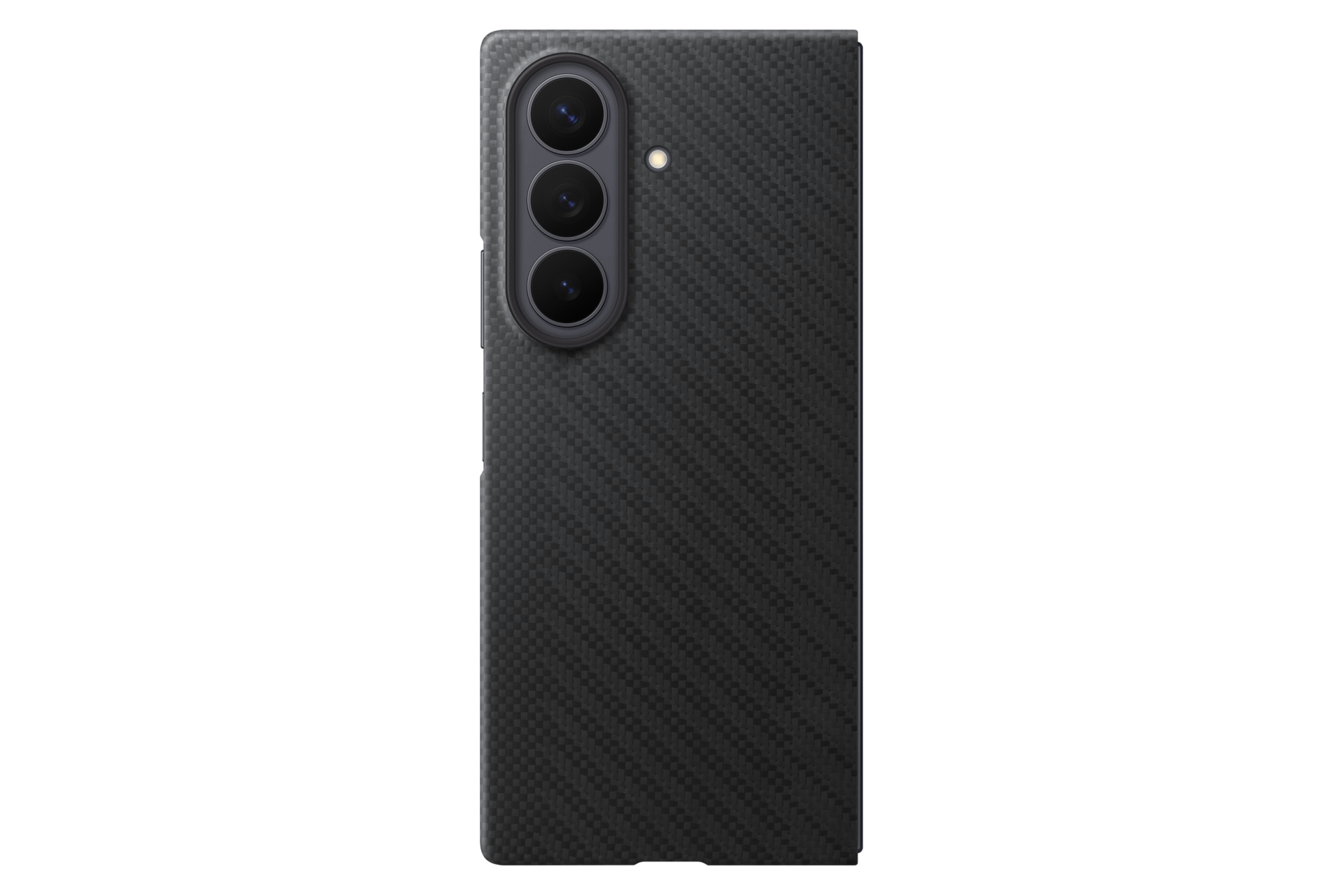 Back of a smartphone with carbon fiber pattern and vertical triple camera setup on a black background.