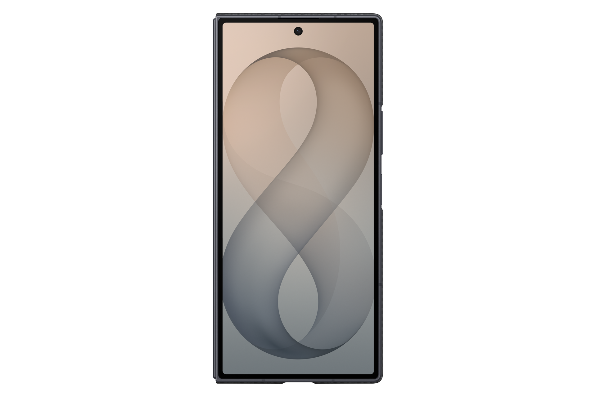 A bezel-less smartphone on a black background displays an abstract, loop-like pattern on its screen.