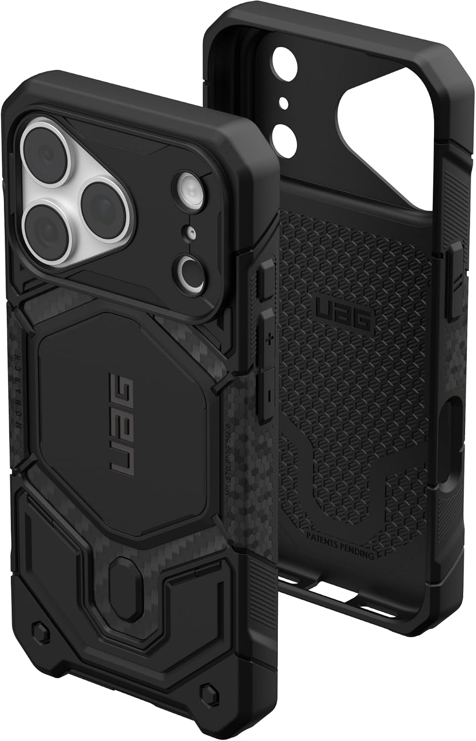 Custodia per smartphone nera e robusta con logo UAG, inserti in carbonio e triplo ritaglio per fotocamera.