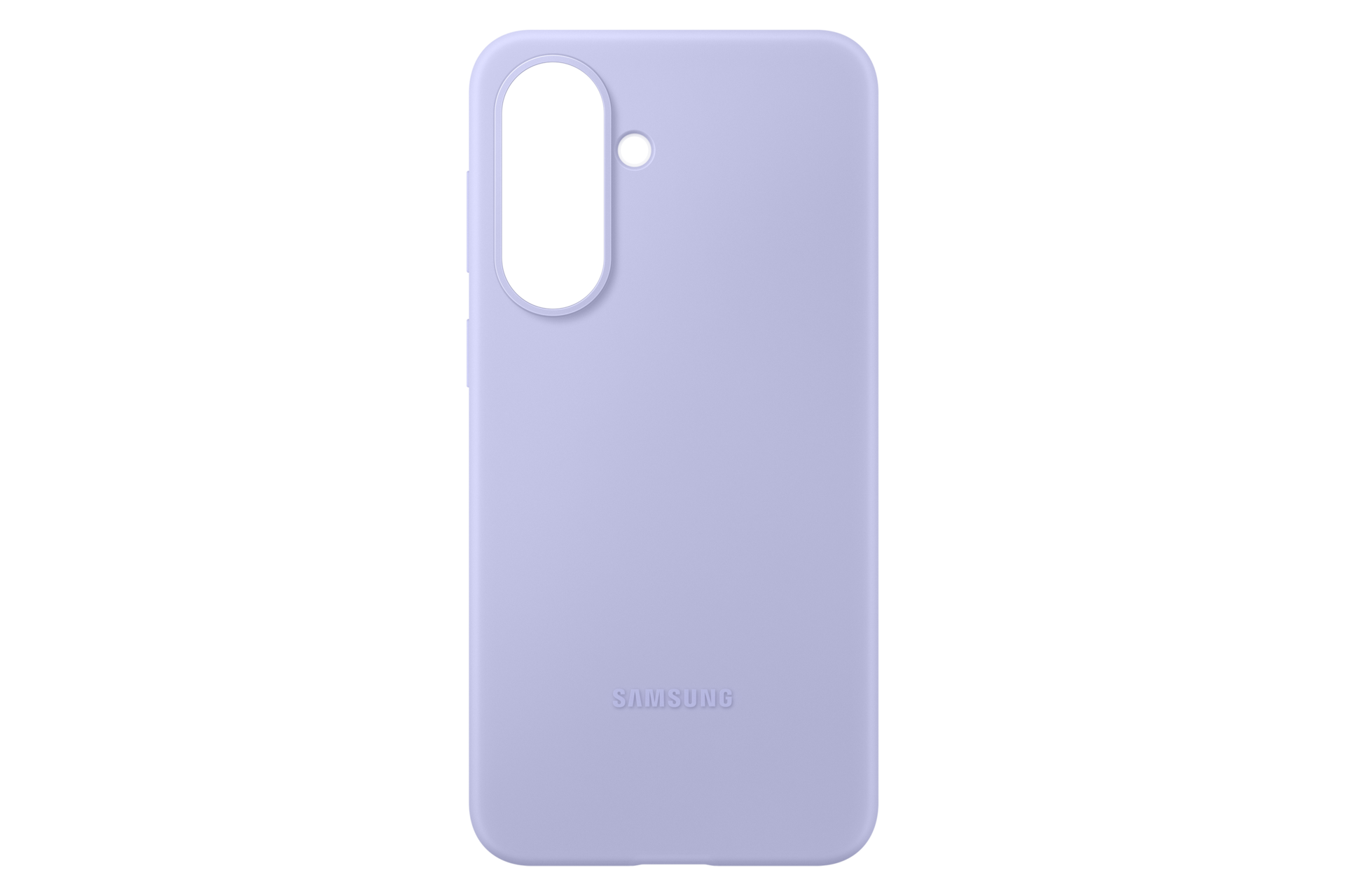 Una custodia in silicone per smartphone Samsung viola chiaro su sfondo nero.
