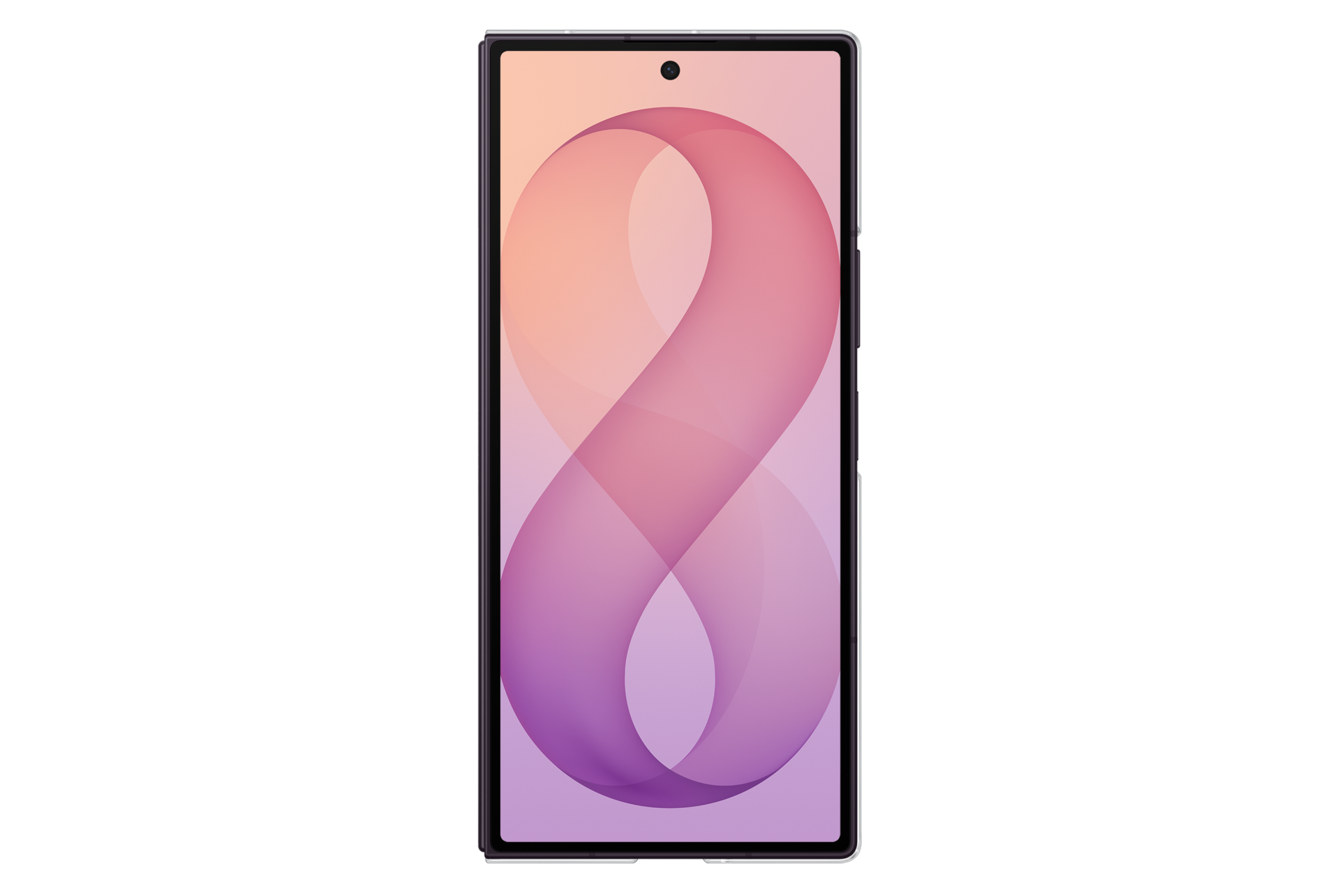 Smartphone con un patrón gráfico abstracto y colorido de curvas con degradado rosa y morado sobre fondo negro.