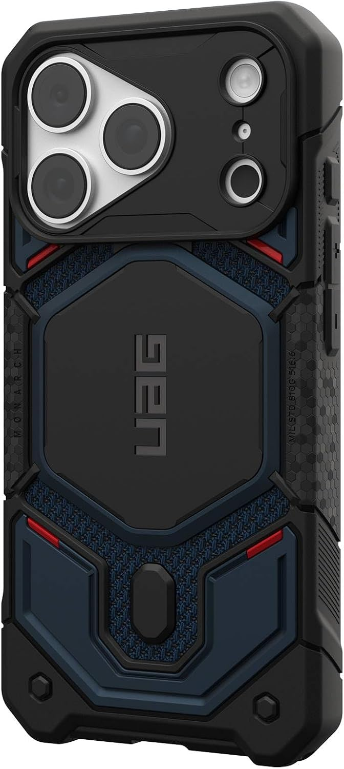 Robuste schwarze und blaue Handyhülle mit UAG-Logo und verstärkten Ecken auf der Rückseite.
