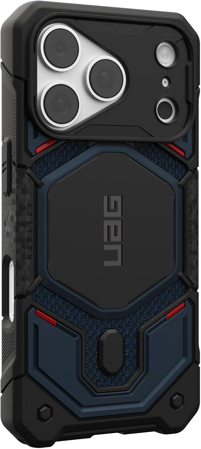 Robustes schwarz-blaues Smartphone-Case mit strukturierter Rückseite, UAG-Logo und verstärkten Ecken.