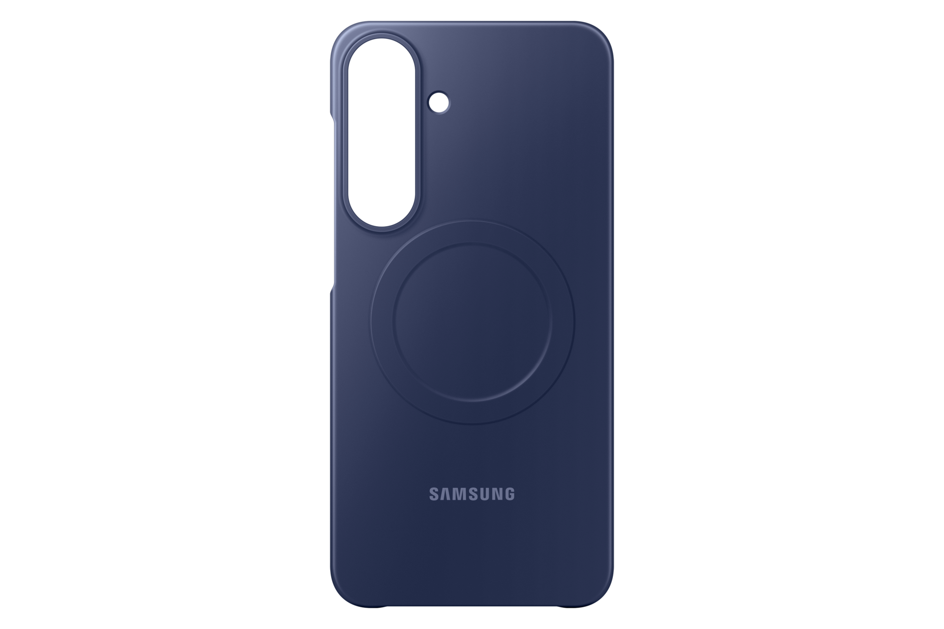 Una cover per smartphone blu scuro con il logo Samsung su sfondo nero.