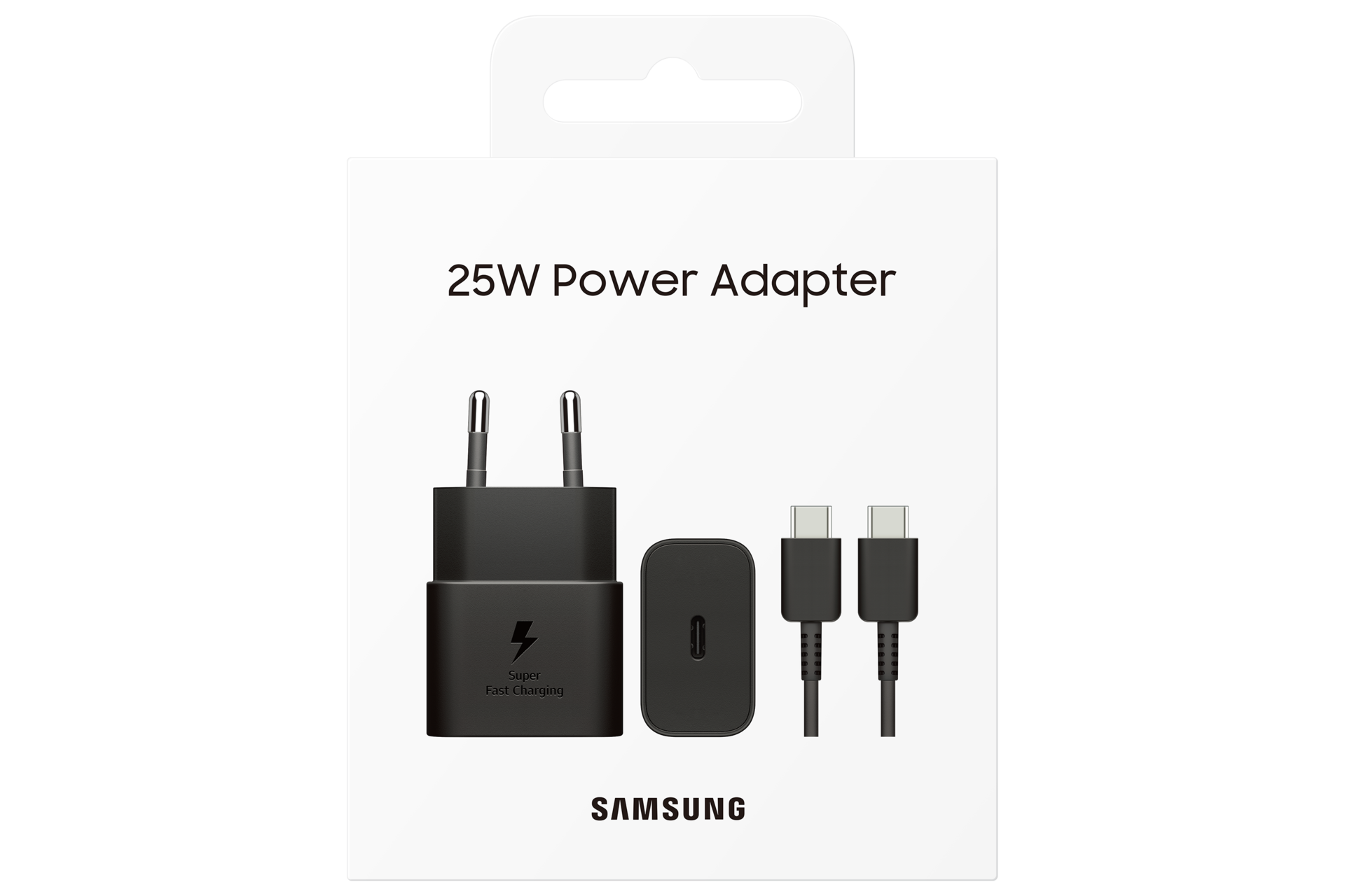 Empaque de adaptador de corriente Samsung de 25W con cargador y cable USB-C.