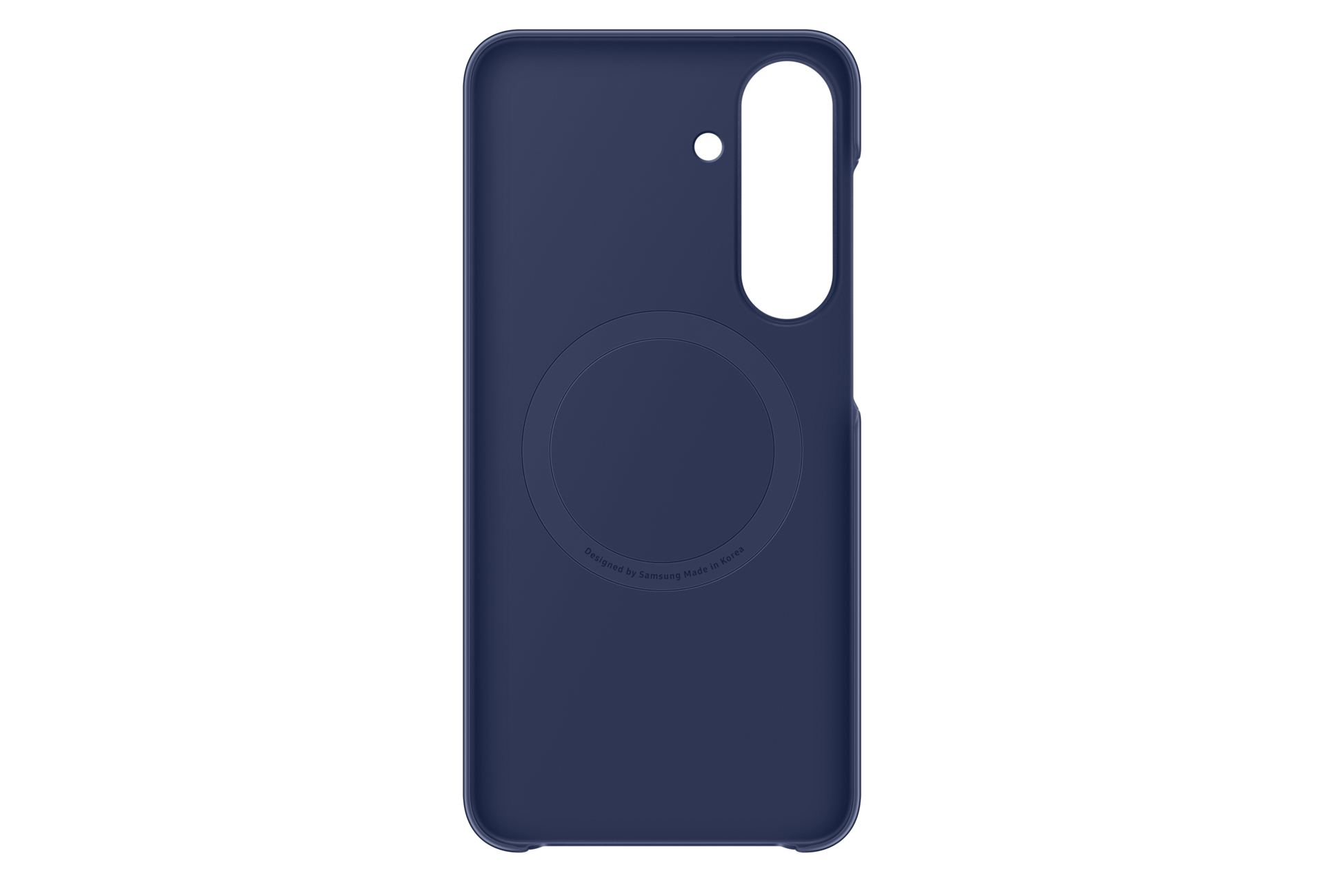 Custodia per telefono in silicone blu scuro con motivo circolare e ritagli per fotocamera su sfondo nero.