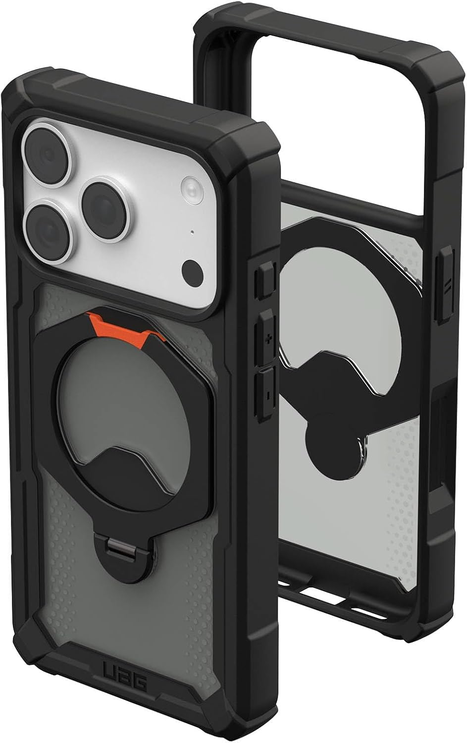 Robuste schwarze Smartphone-Hülle mit Ringhalterung und transparentem Rücken auf weißem Hintergrund.