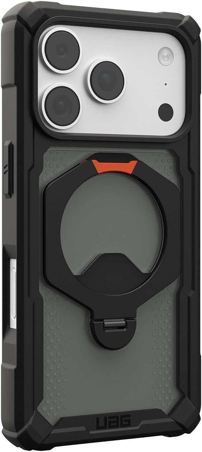 Schwarze UAG-Smartphonehülle mit integriertem runden Ständer und Kameramodul oben.