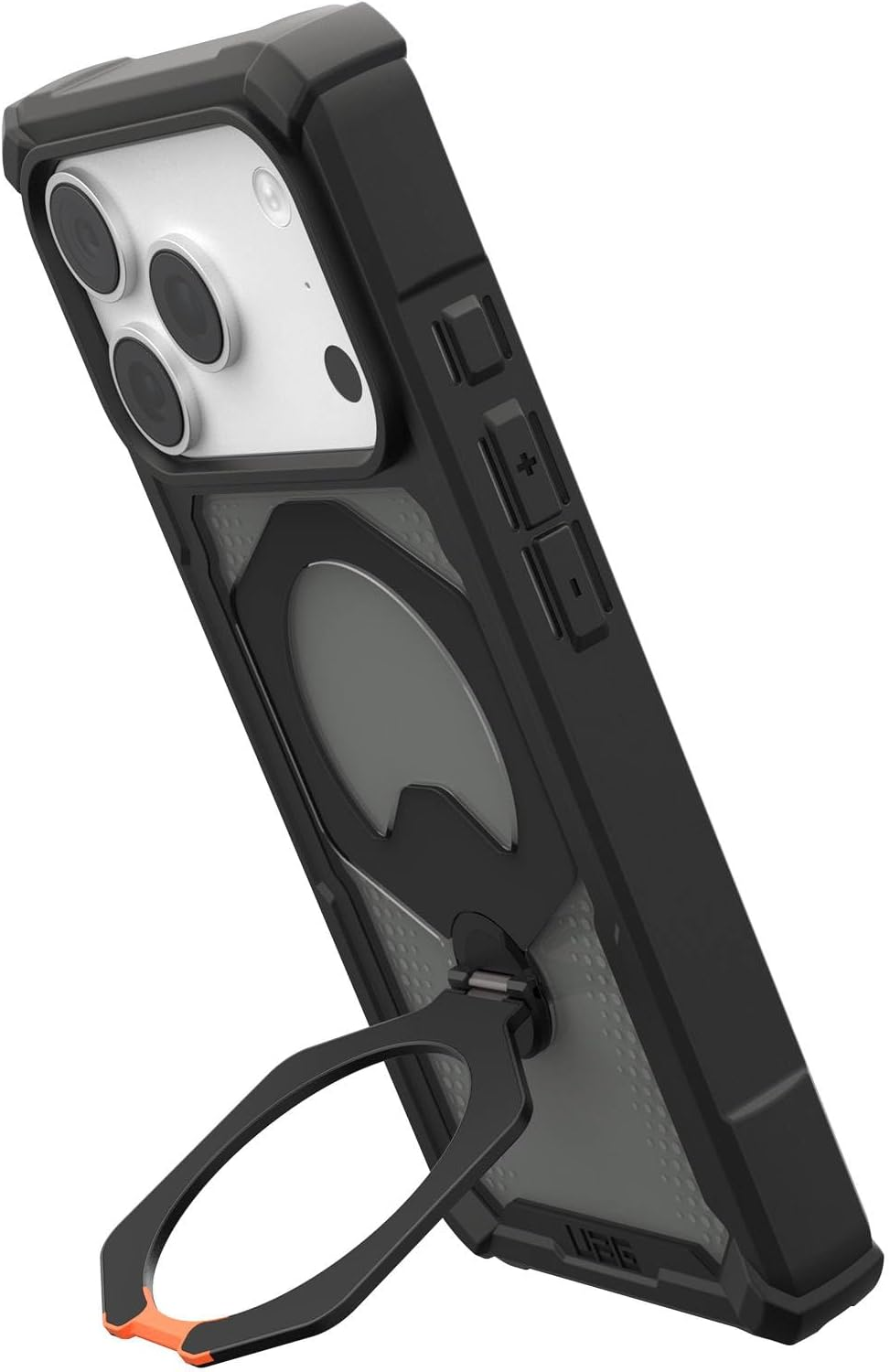 Ein schwarzes Smartphone in einer robusten Schutzhülle mit integriertem Ringständer auf der Rückseite.
