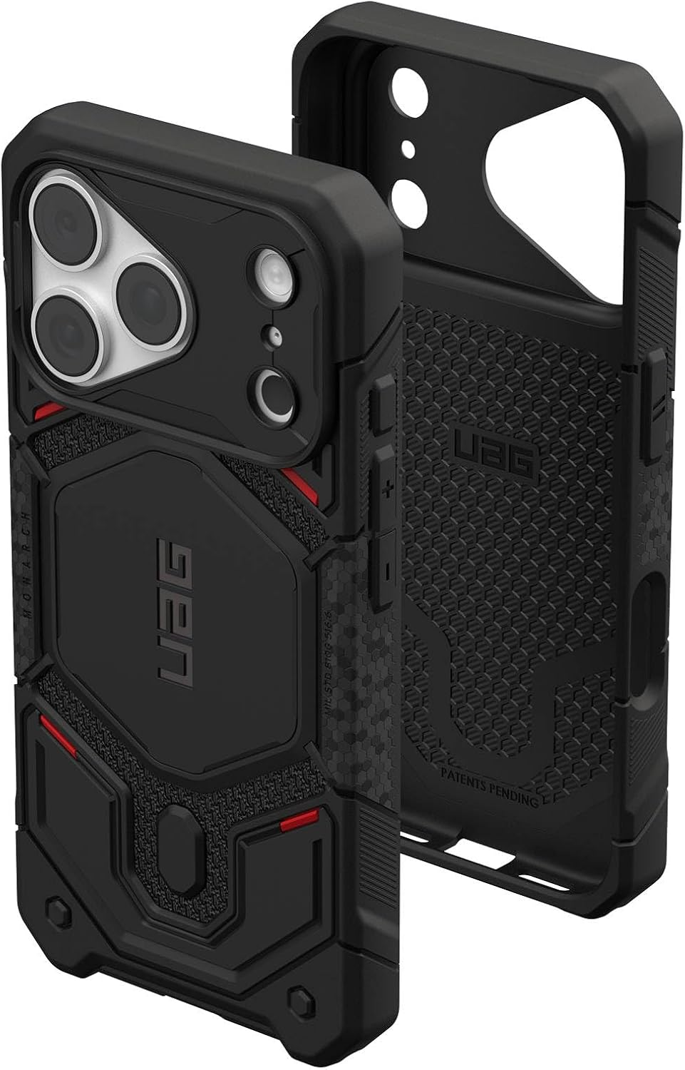 Custodia per telefono UAG nera robusta con dettagli rossi e design resistente.