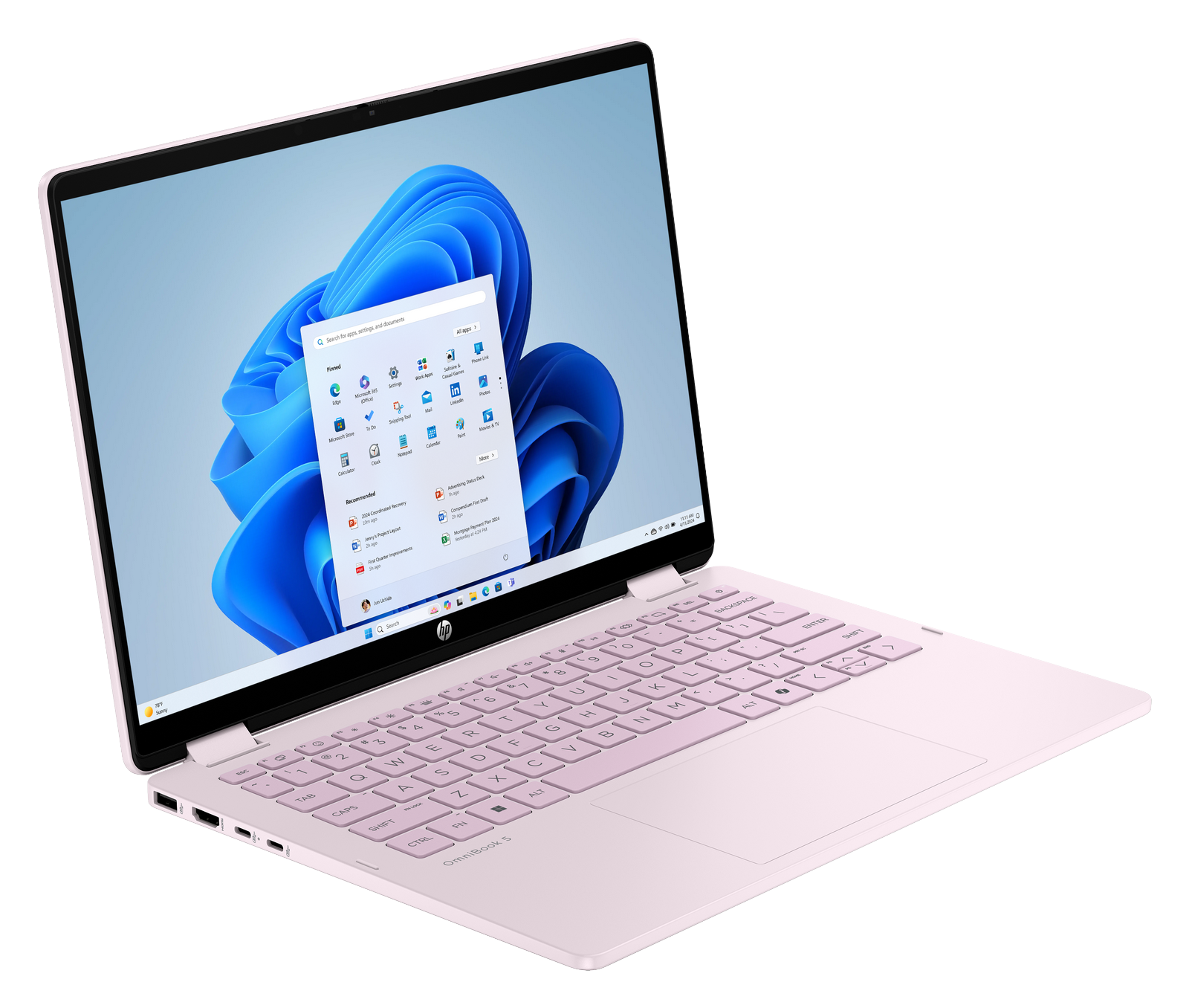 Un laptop HP Omnibook rosa mostra il desktop di Windows 11 su uno sfondo nero.