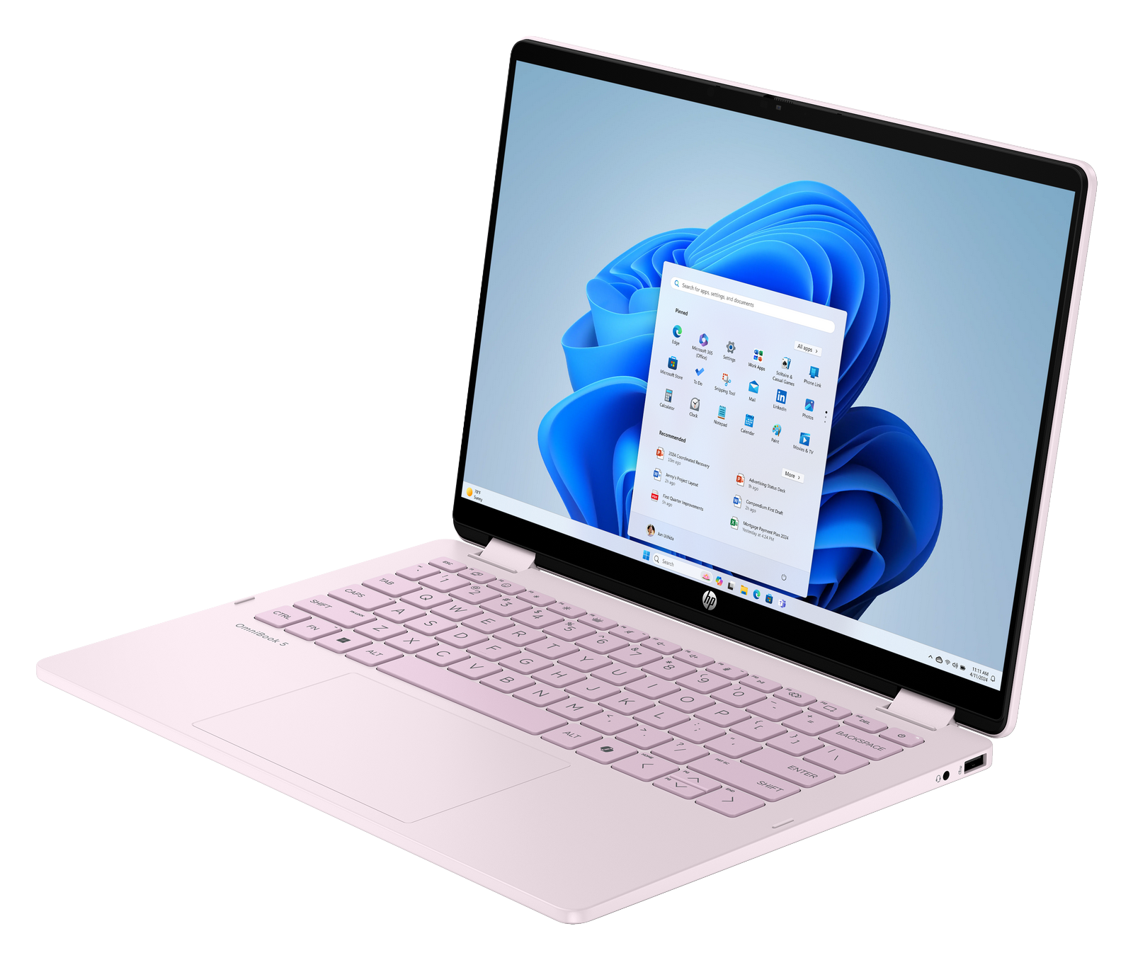 Un laptop HP rosa mostra il menu Start su uno sfondo blu su sfondo nero.