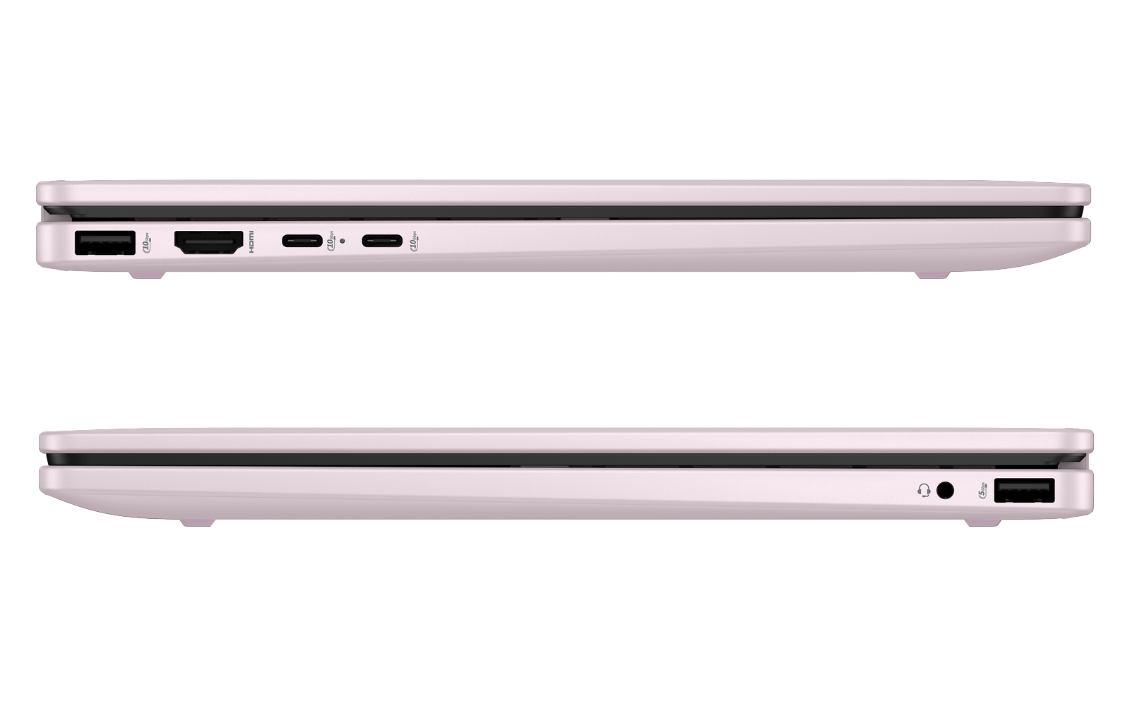 Viste laterali di un laptop rosa chiuso con porte USB, HDMI e per cuffie su sfondo nero.