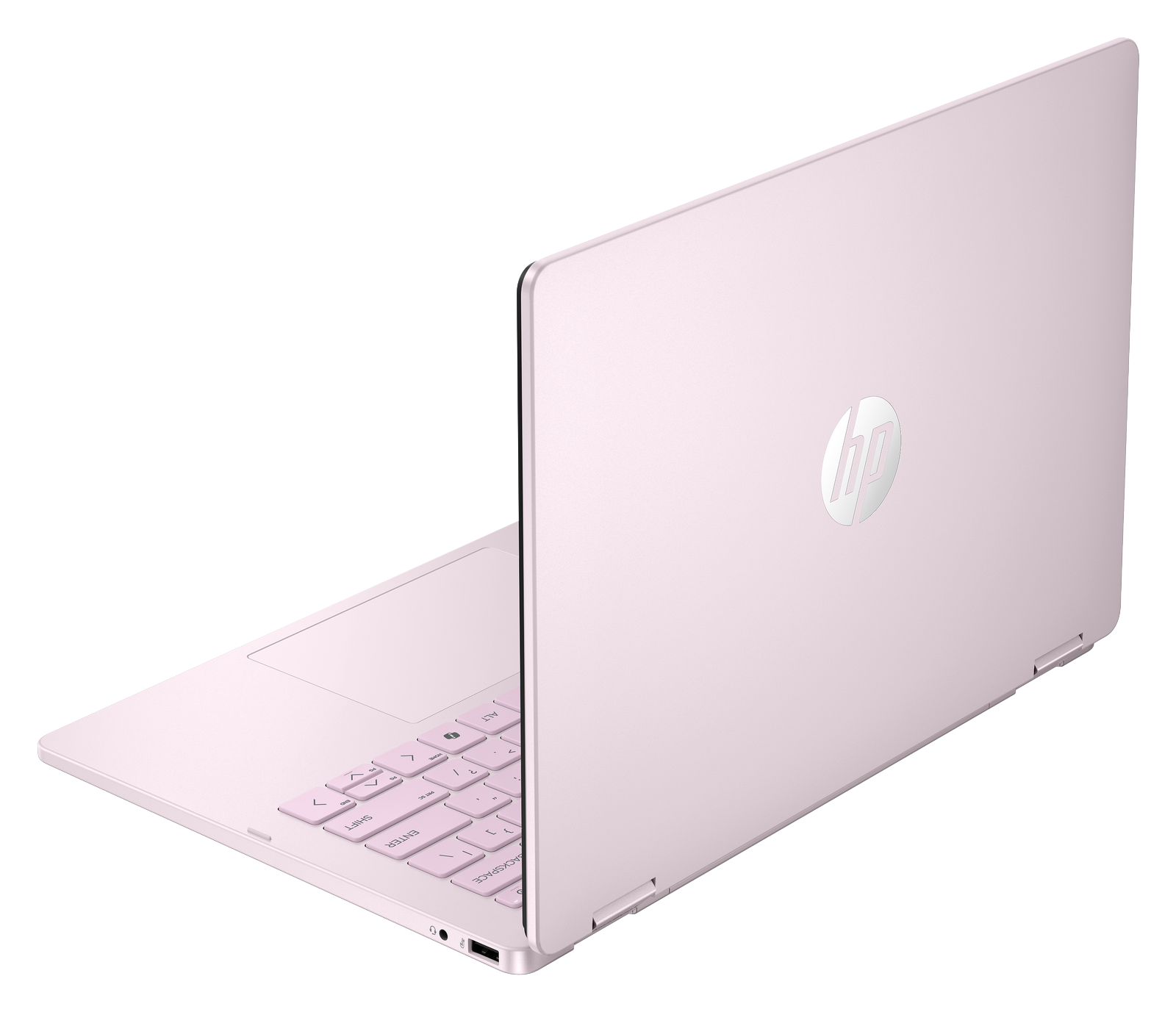 Un computer portatile HP rosa su sfondo nero, che mostra la tastiera e il retro dello schermo.