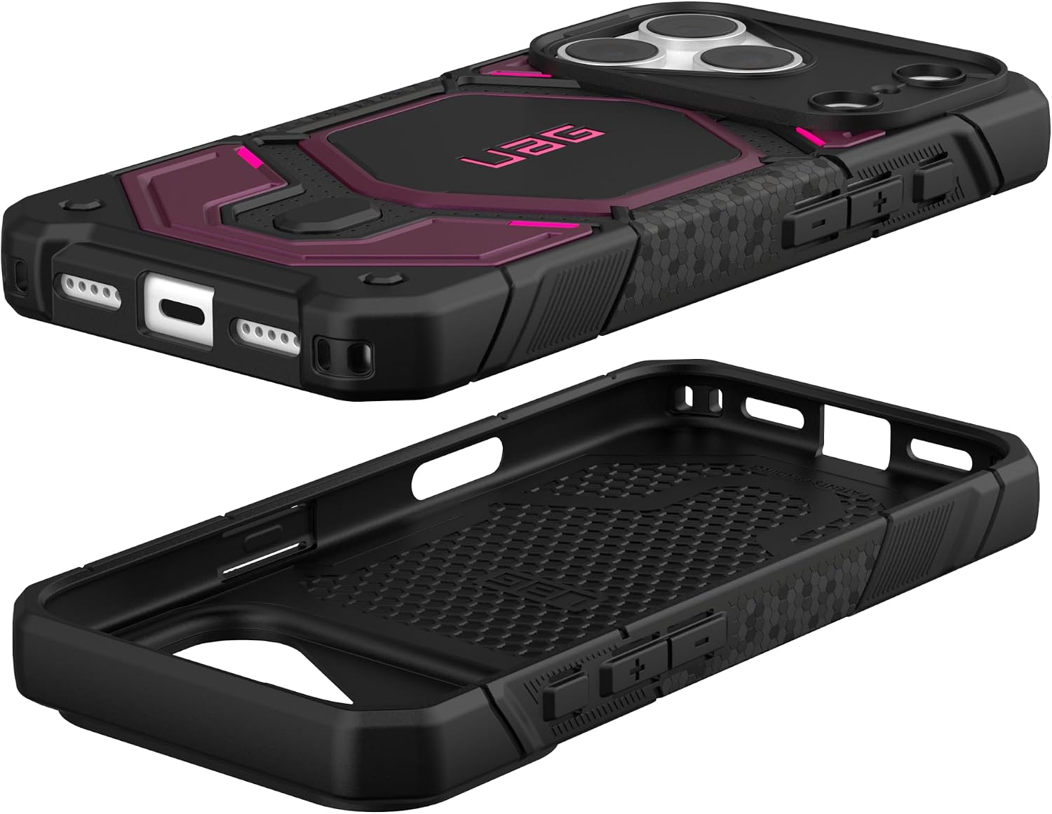 Custodia per smartphone robusta nera e magenta con angoli rinforzati e logo UAG.