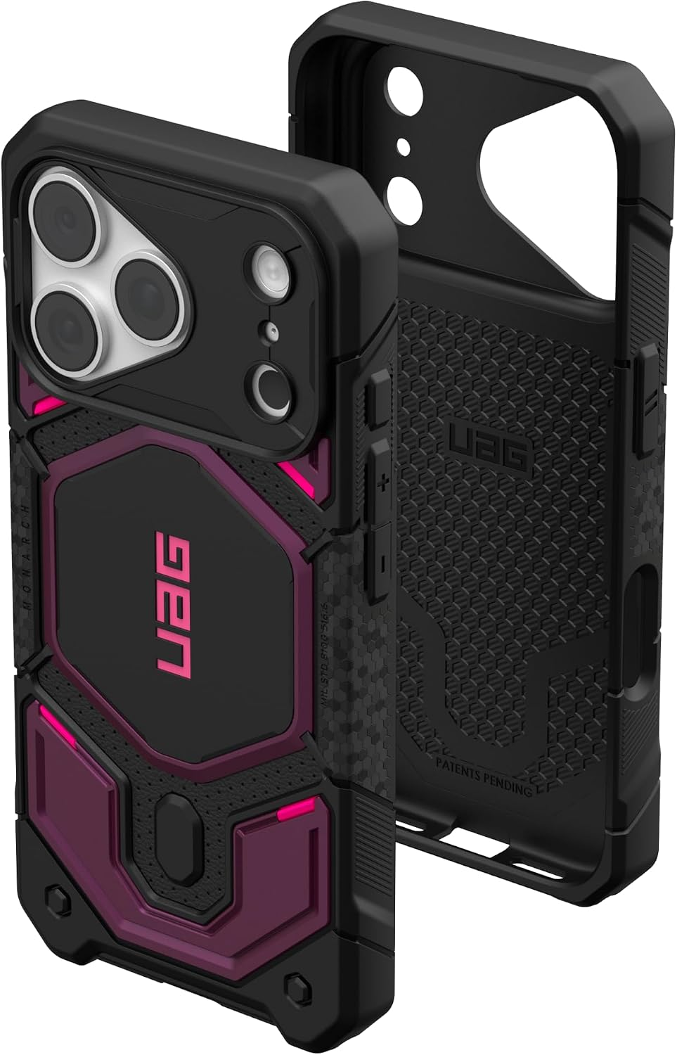 Robusta custodia per telefono nera e viola con logo UAG e angoli rinforzati su sfondo bianco.