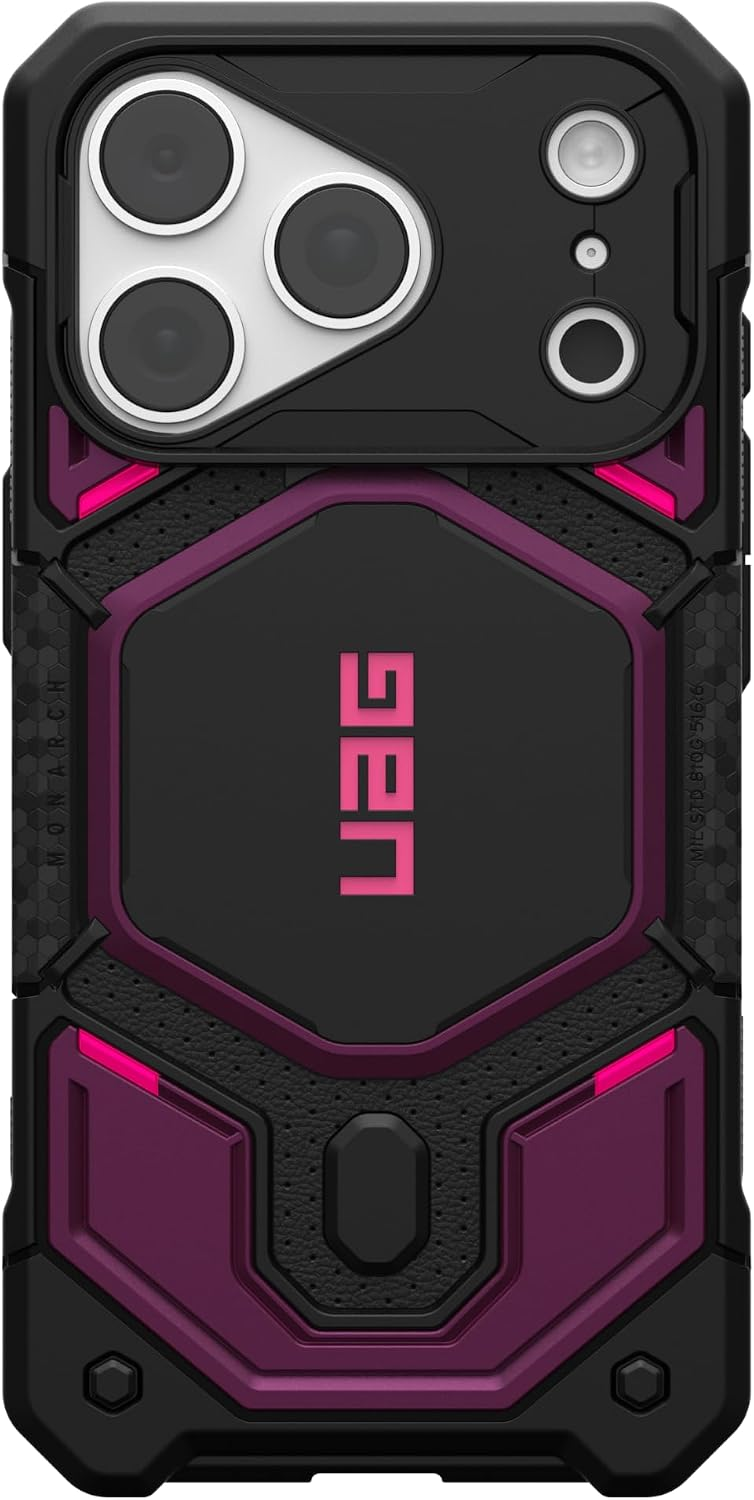 Custodia per telefono nera e magenta con logo UAG, ritaglio per fotocamera e impugnature strutturate.