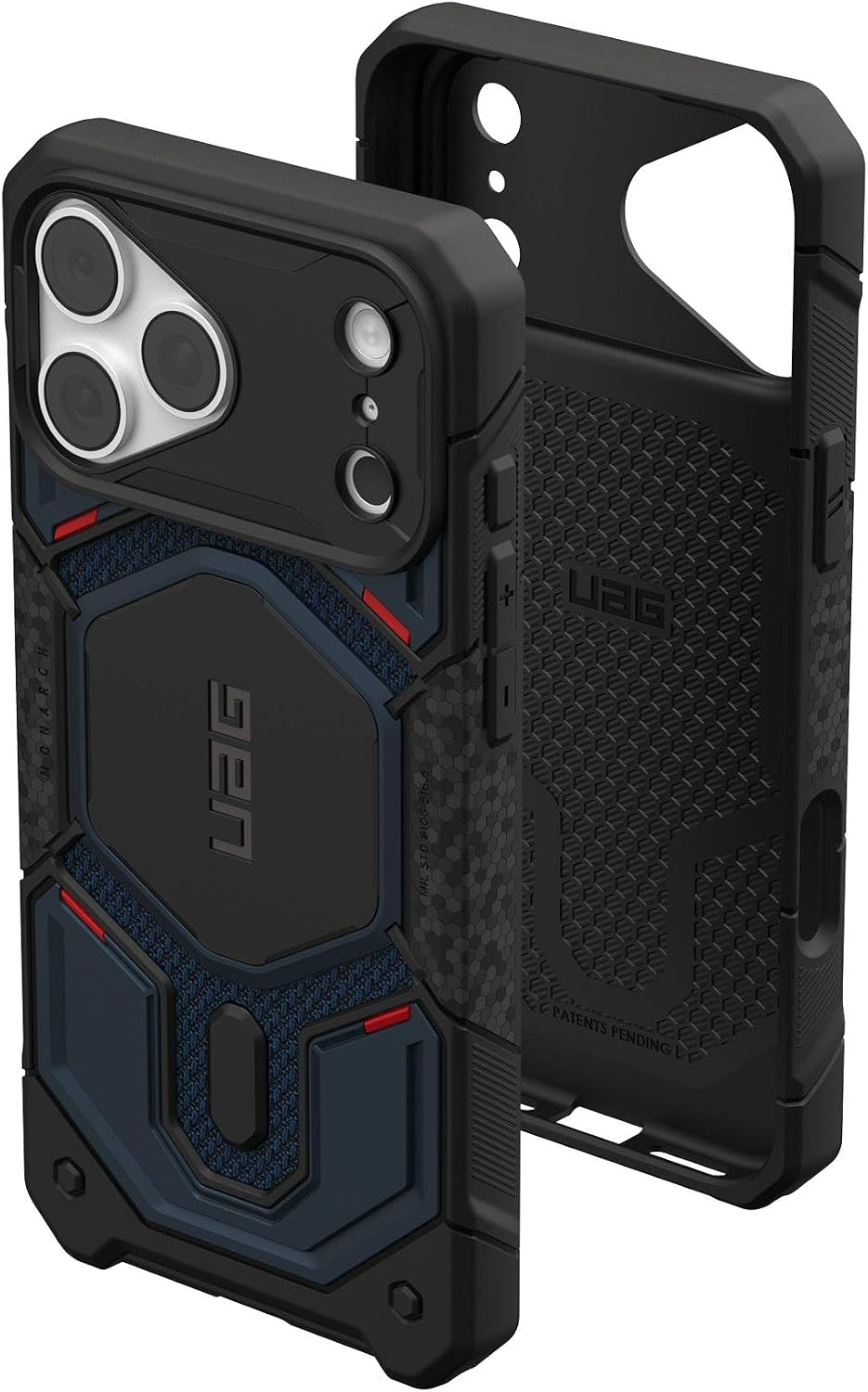 Custodìa protettiva per smartphone nera e blu resistente con design robusto e ritaglio per fotocamera.