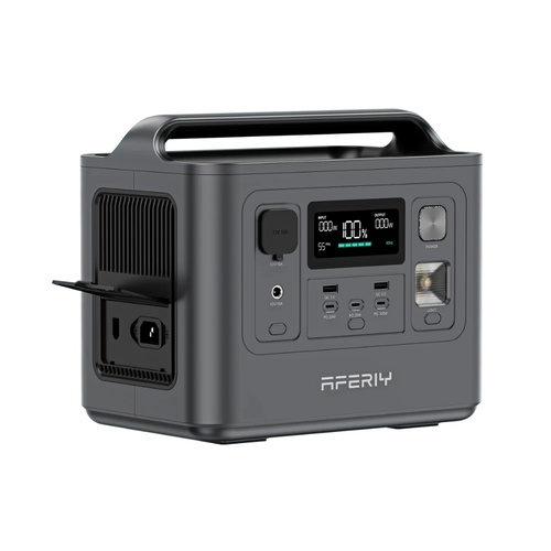 Szara przenośna stacja zasilania z cyfrowym wyświetlaczem, portami USB, gniazdami i uchwytem.