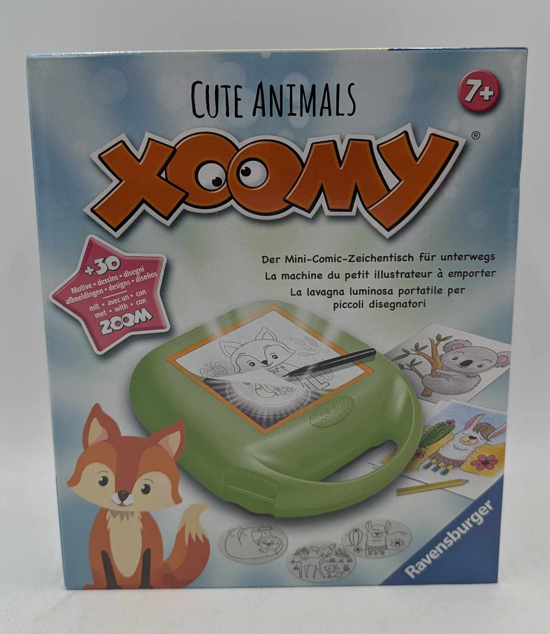 Verpackung des Xoomy Mini-Zeichentisches Cute Animals mit niedlichen Tiermotiven von Ravensburger.